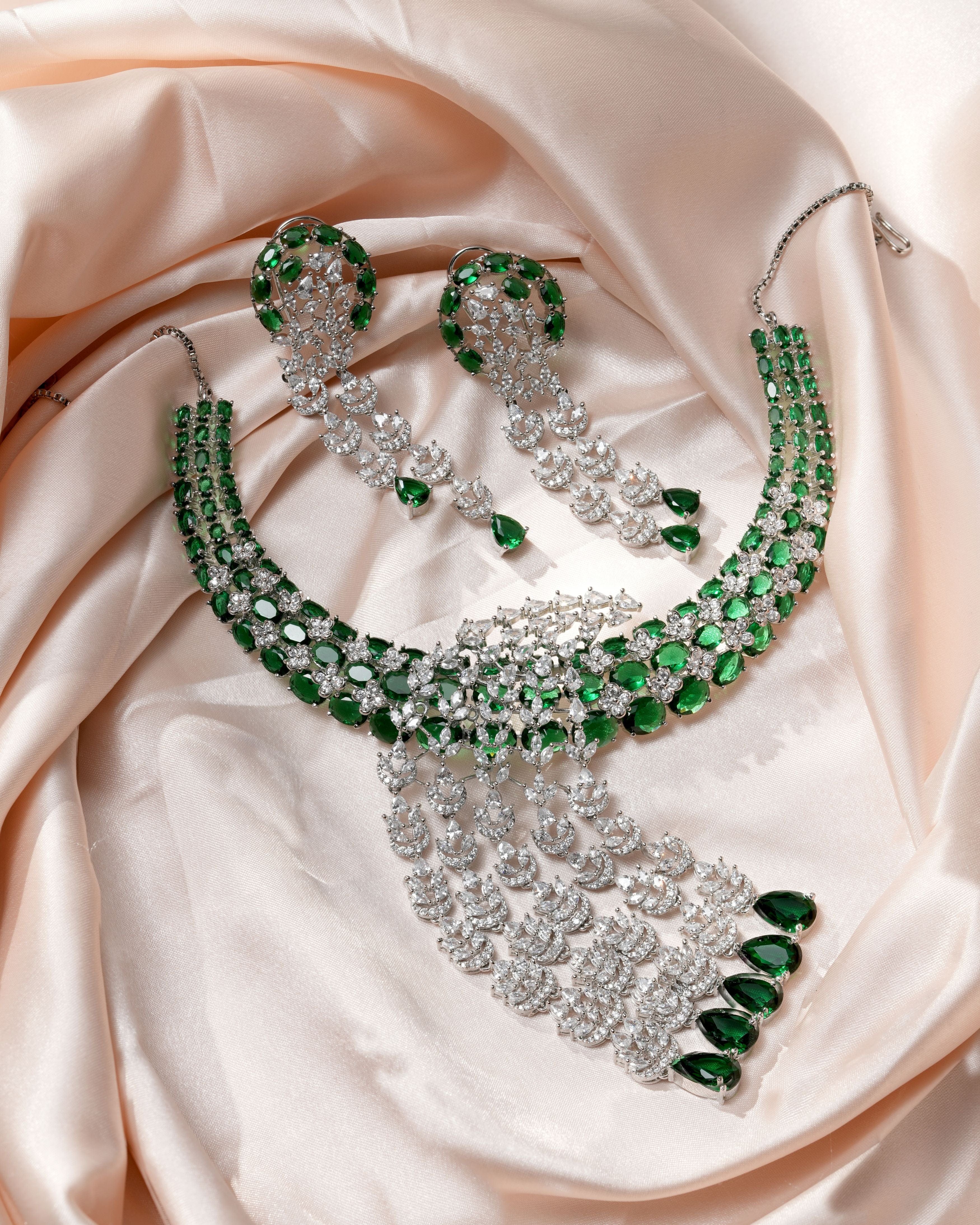 Mataari Necklaces Emerald Radiance Luxury Statement Necklace | Rhodium | Indian Jewelry | Mataari