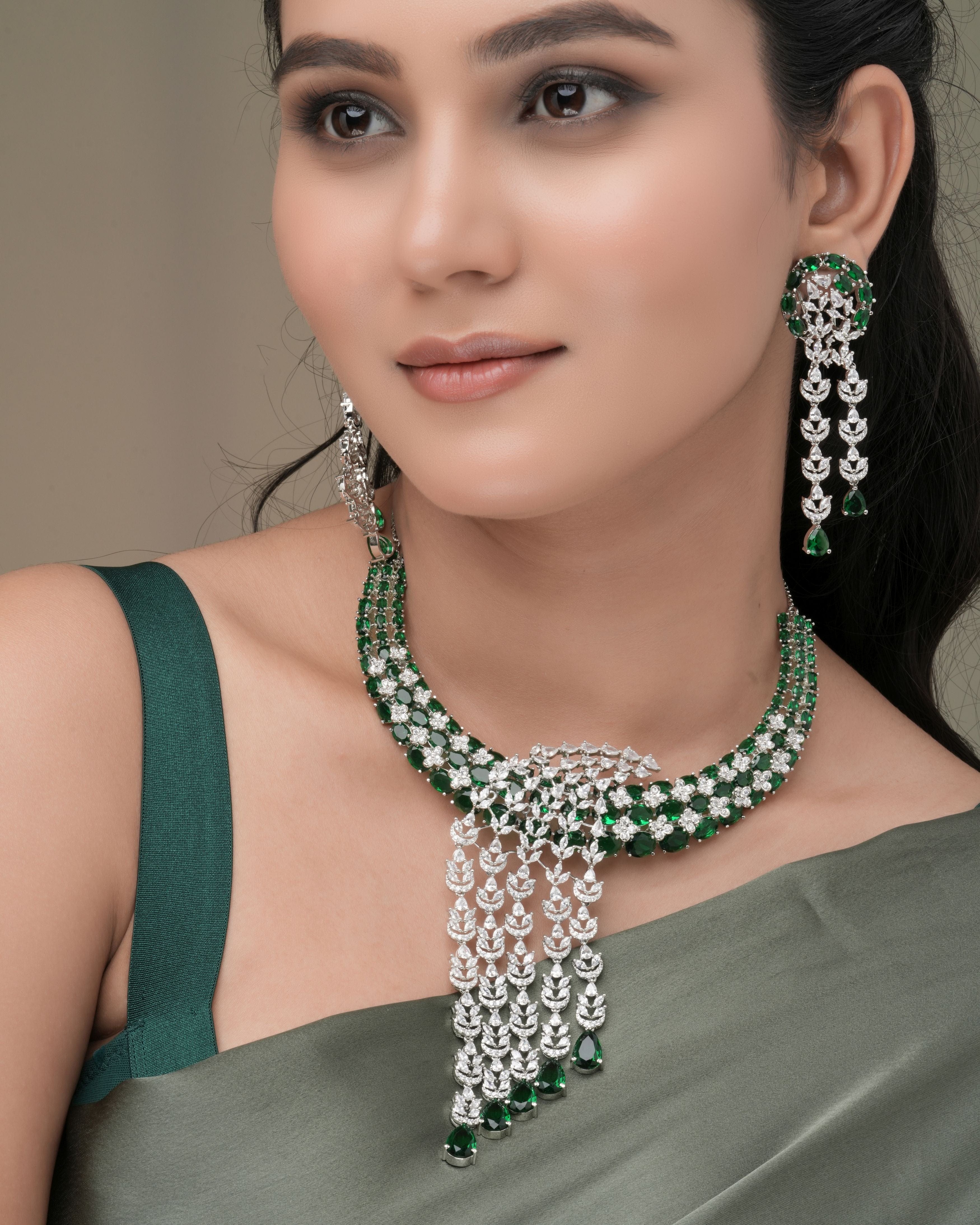 Mataari Necklaces Emerald Radiance Luxury Statement Necklace | Rhodium | Indian Jewelry | Mataari
