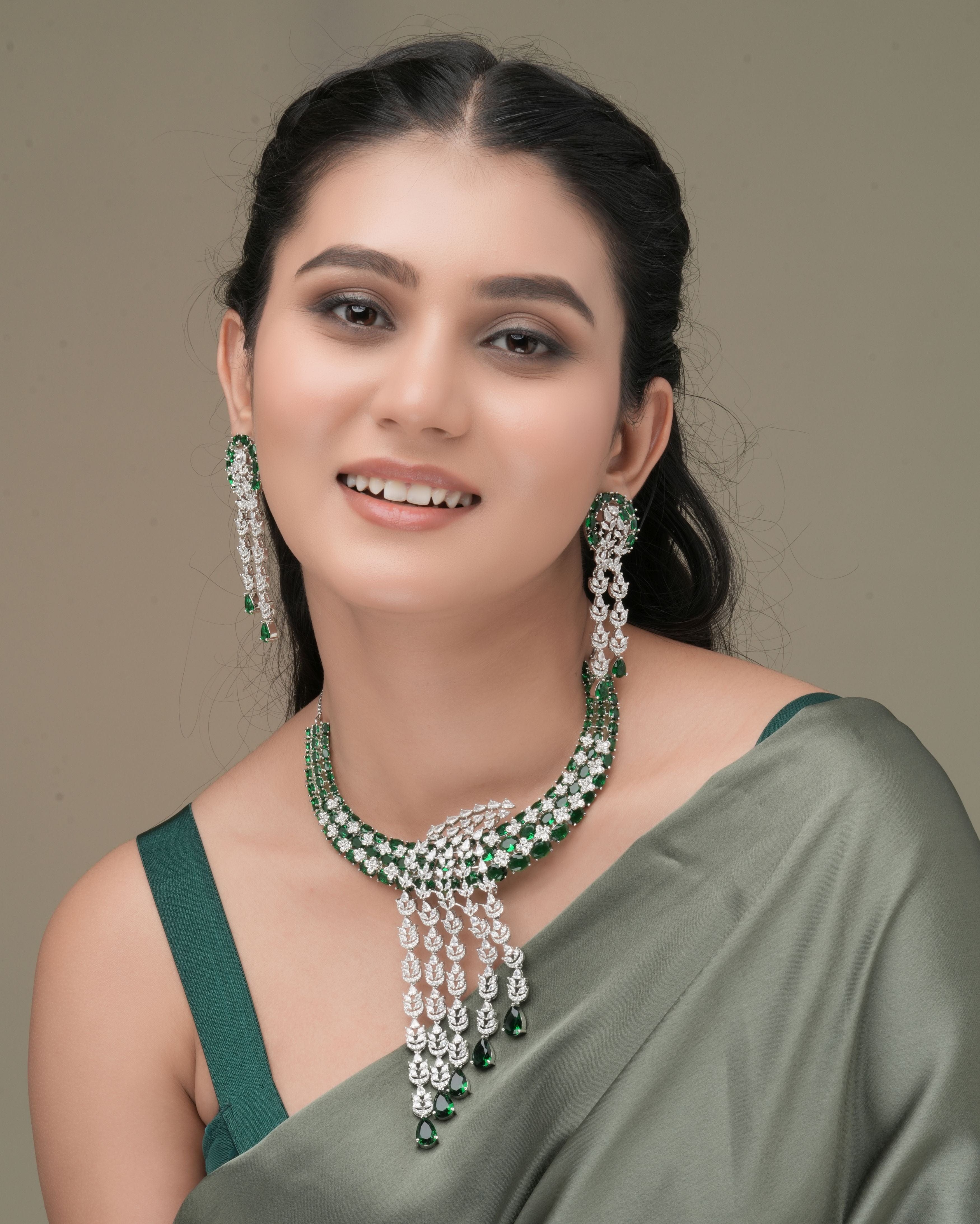 Mataari Necklaces Emerald Radiance Luxury Statement Necklace | Rhodium | Indian Jewelry | Mataari