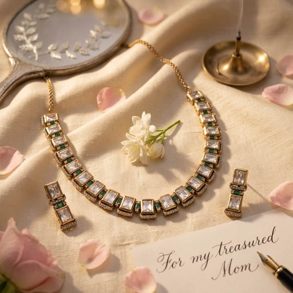 Mataari Necklaces Emerald Square Kundan Polki Solitaire Bridal Moissanite Necklace
