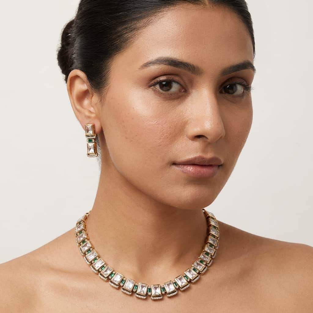 Mataari Necklaces Emerald Square Kundan Polki Solitaire Bridal Moissanite Necklace
