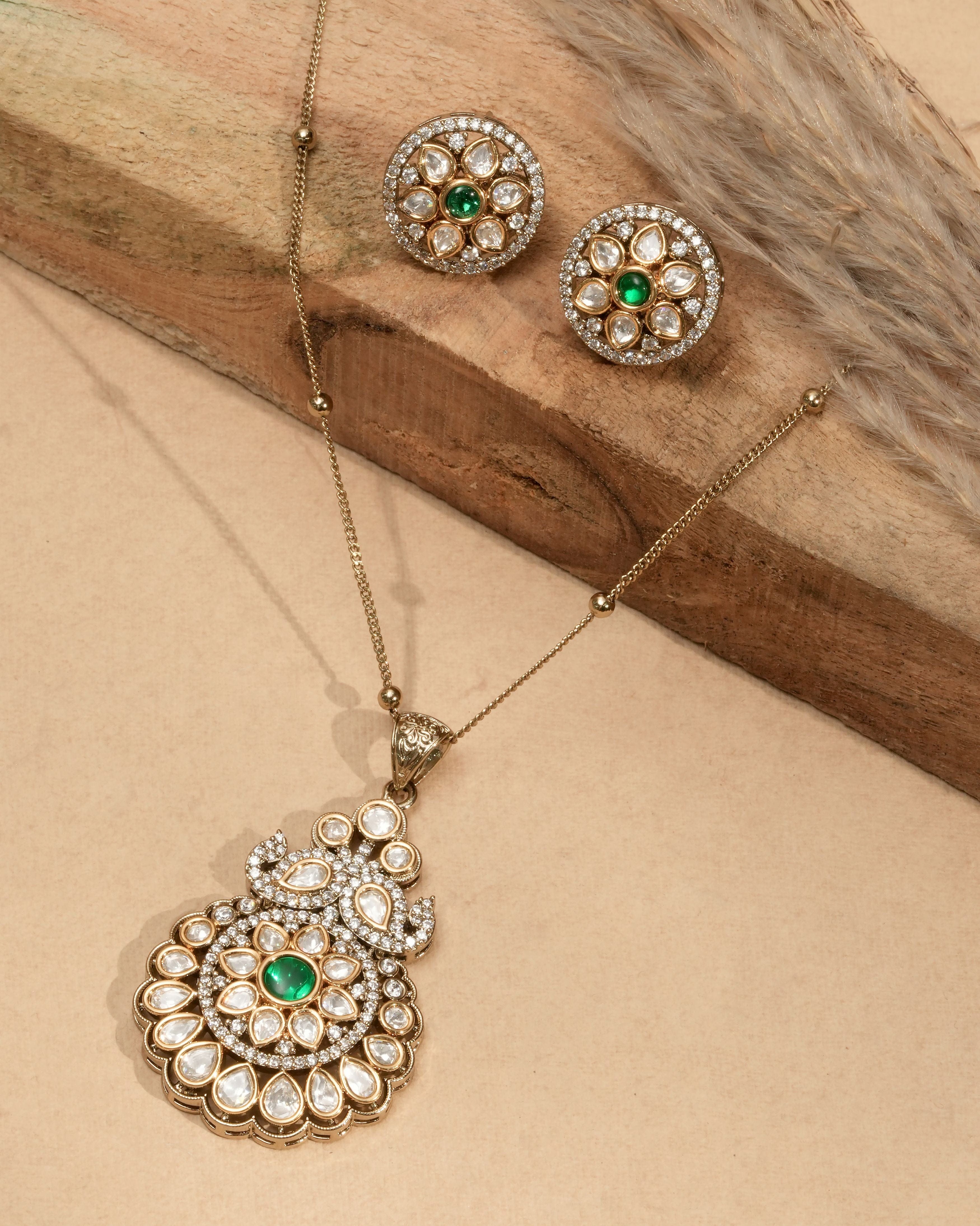 Mataari Necklaces Emerald Sunburst Mozanite Necklace & Stud Earring | Kundan | Indian Jewelry | Mataari