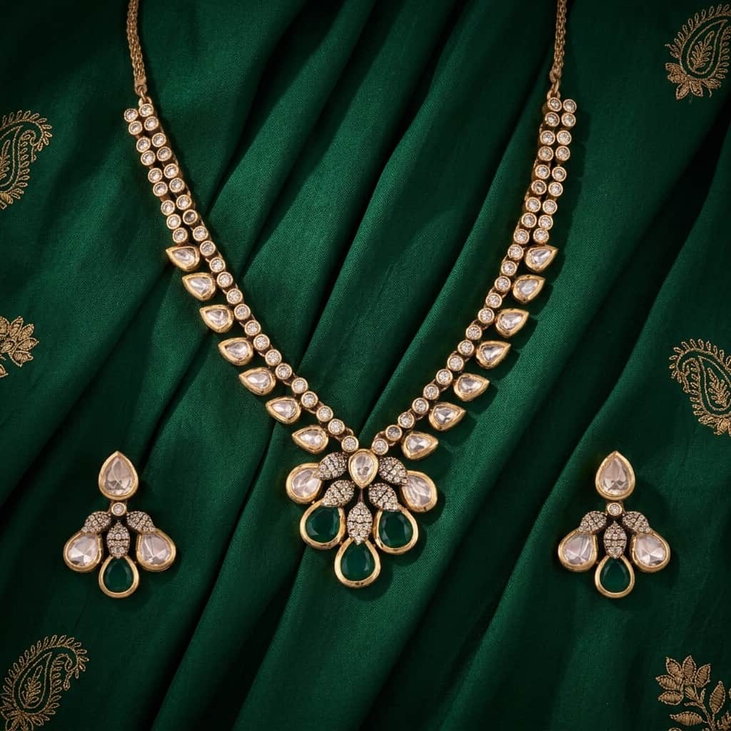 Mataari Necklaces Teardrop Bridal Kundan Polki Wedding Moissanite Necklace with Ruby & Emerald