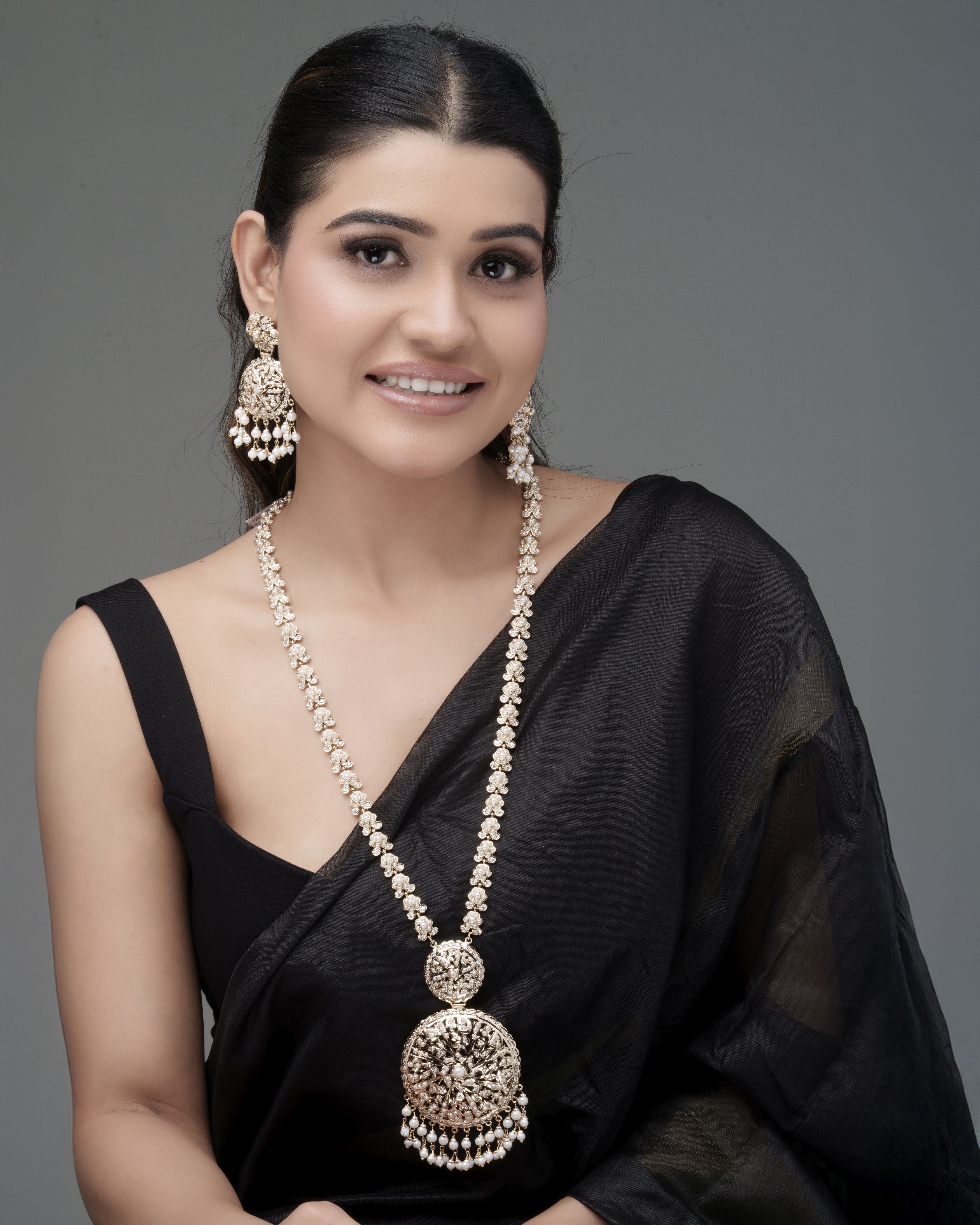 Mataari Necklaces Eternal Grace Filigree Pearl Long Jadau Necklace | Gold Tone | Indian Jewelry | Mataari