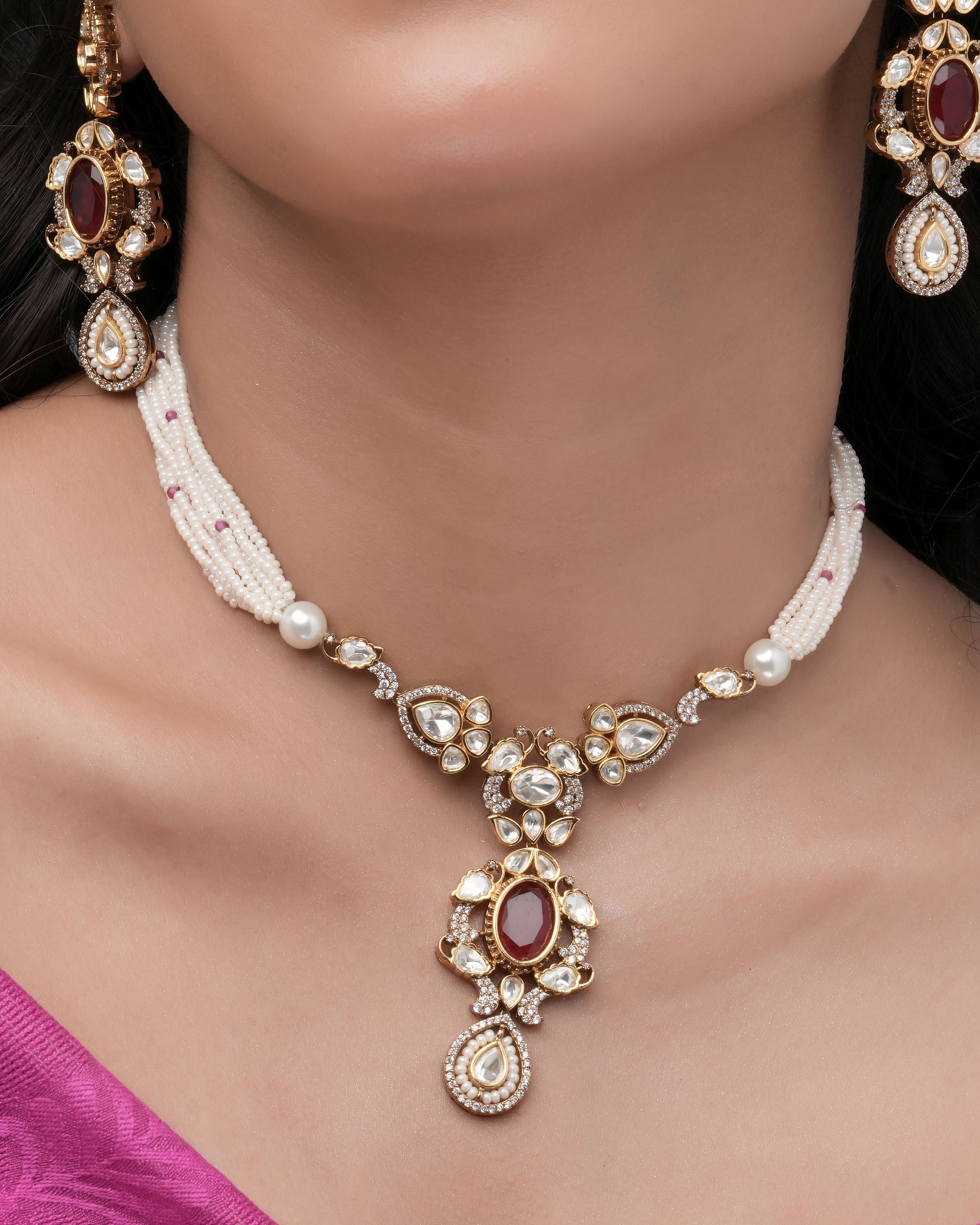 Mataari Necklaces Exquisite Emerald Enchant Beaded Tassel Necklace with | Gold Tone | Indian Jewelry | Mataari
