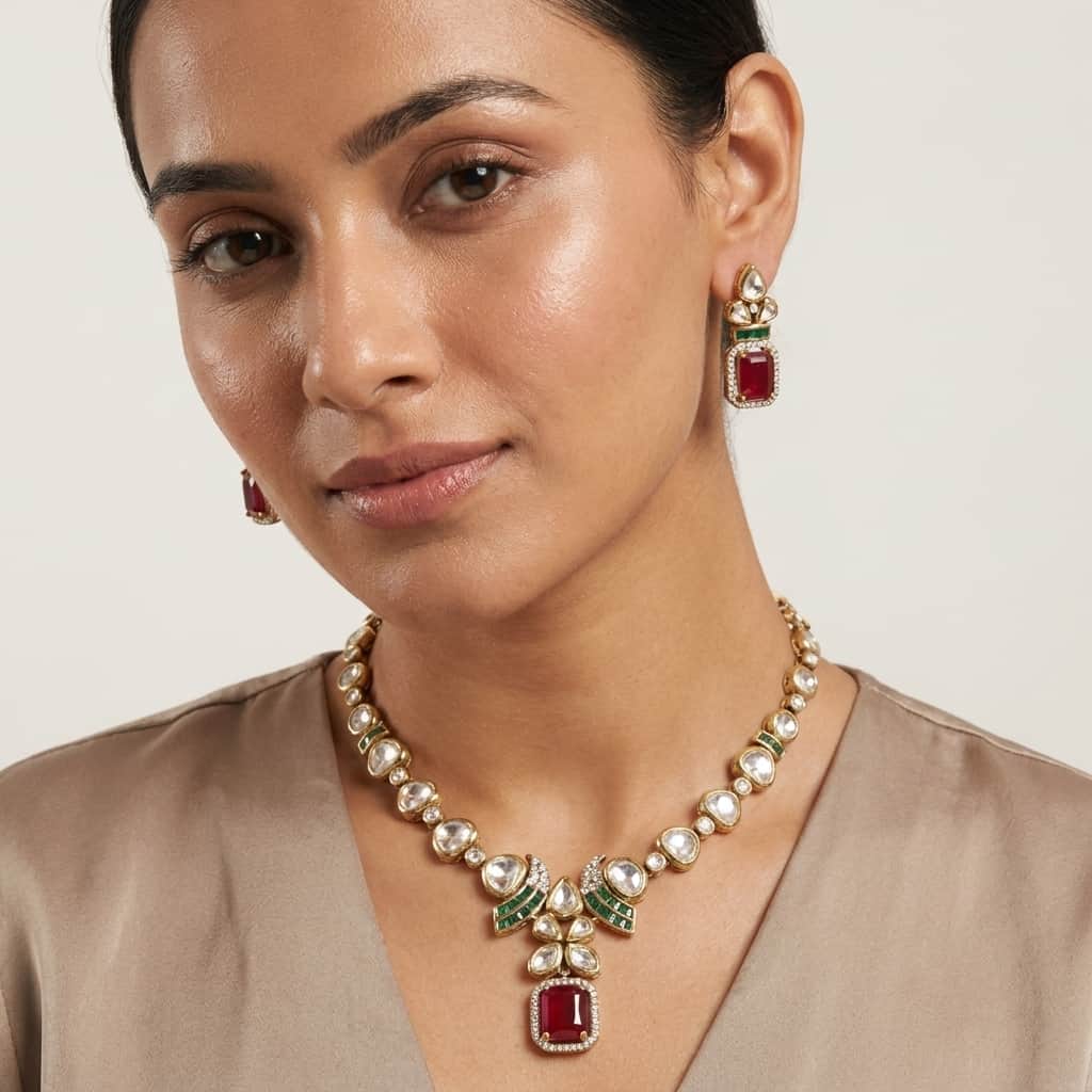 Mataari Necklaces Floral Bridal Kundan Polki Baguette Moissanite Necklace with Ruby & Emerald