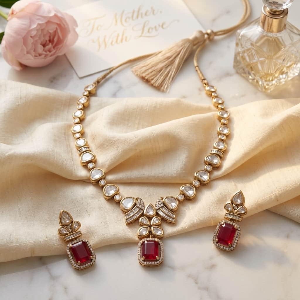 Mataari Necklaces Floral Bridal Kundan Polki Baguette Moissanite Necklace with Ruby & Emerald
