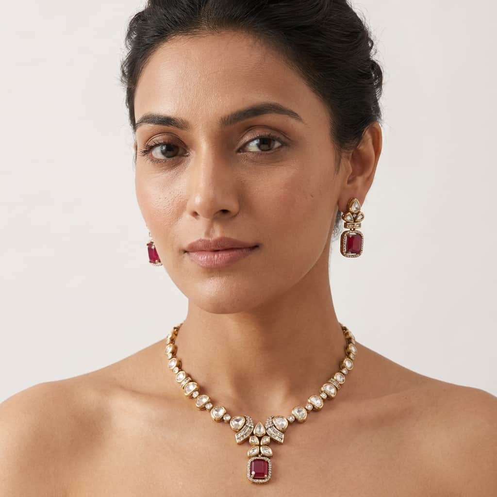 Mataari Necklaces Floral Bridal Kundan Polki Baguette Moissanite Necklace with Ruby & Emerald
