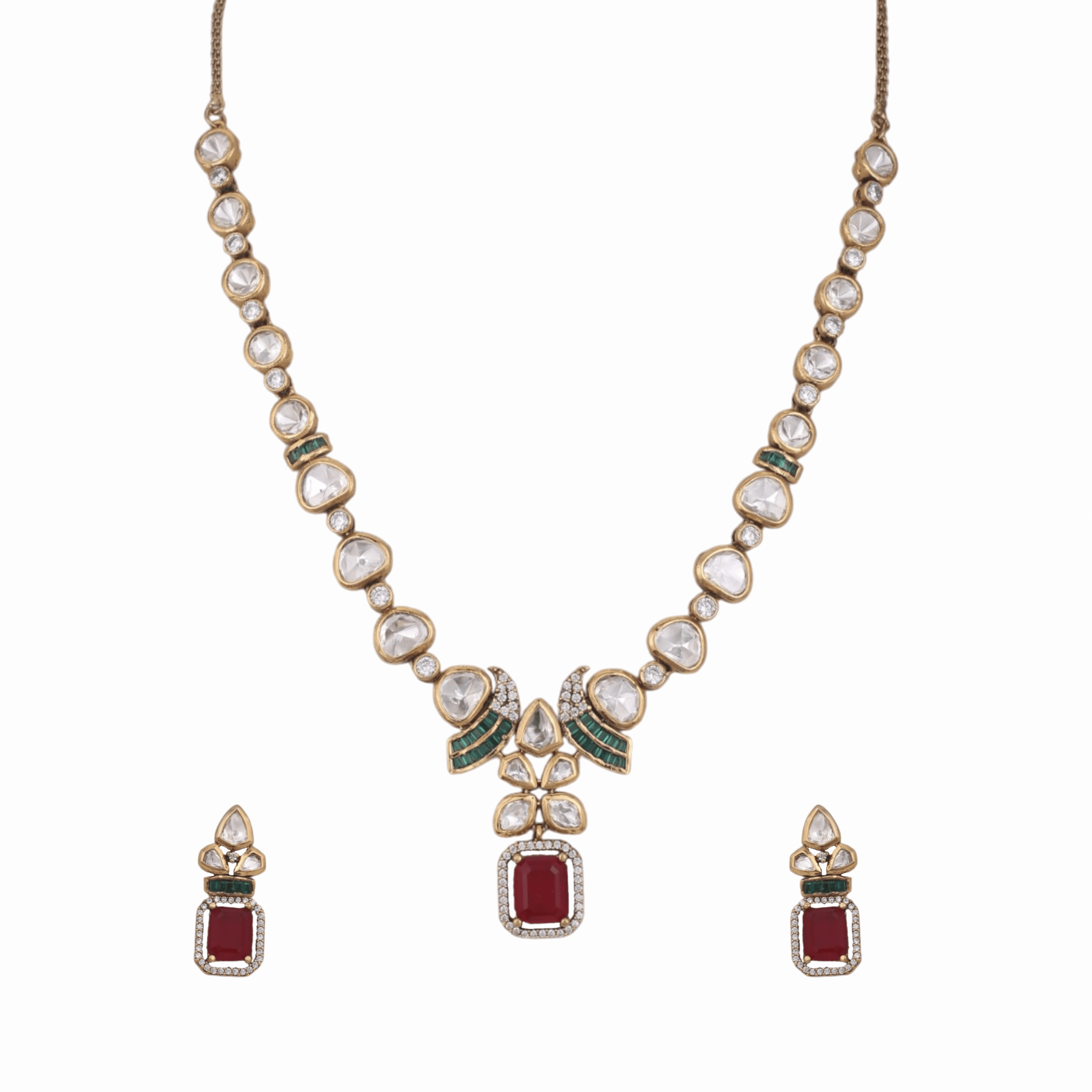 Mataari Necklaces Floral Bridal Kundan Polki Baguette Moissanite Necklace with Ruby & Emerald