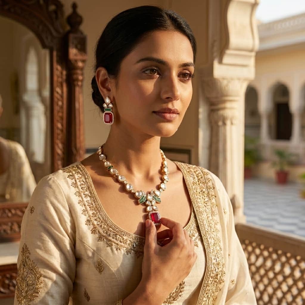 Mataari Necklaces Floral Bridal Kundan Polki Baguette Moissanite Necklace with Ruby & Emerald