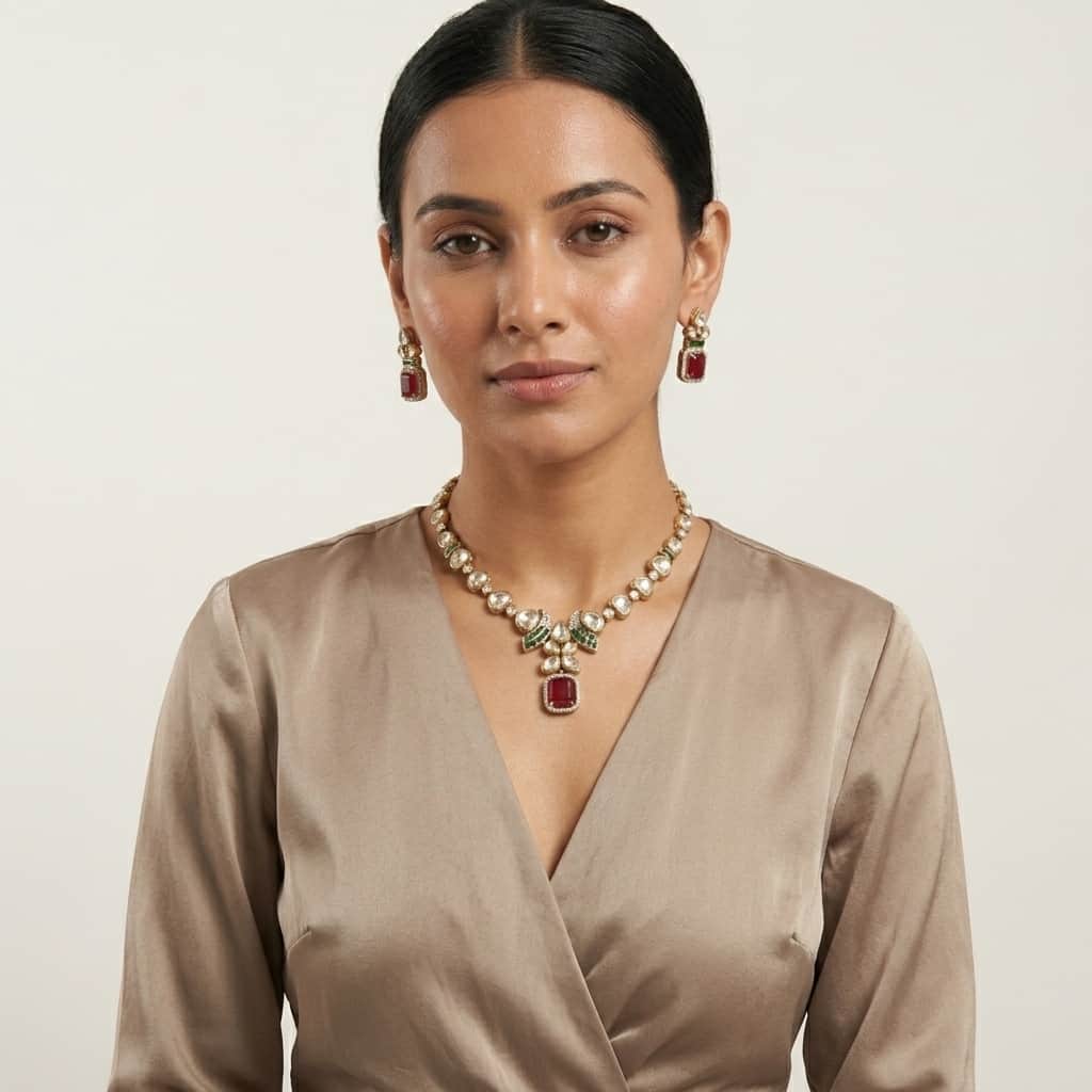 Mataari Necklaces Floral Bridal Kundan Polki Baguette Moissanite Necklace with Ruby & Emerald