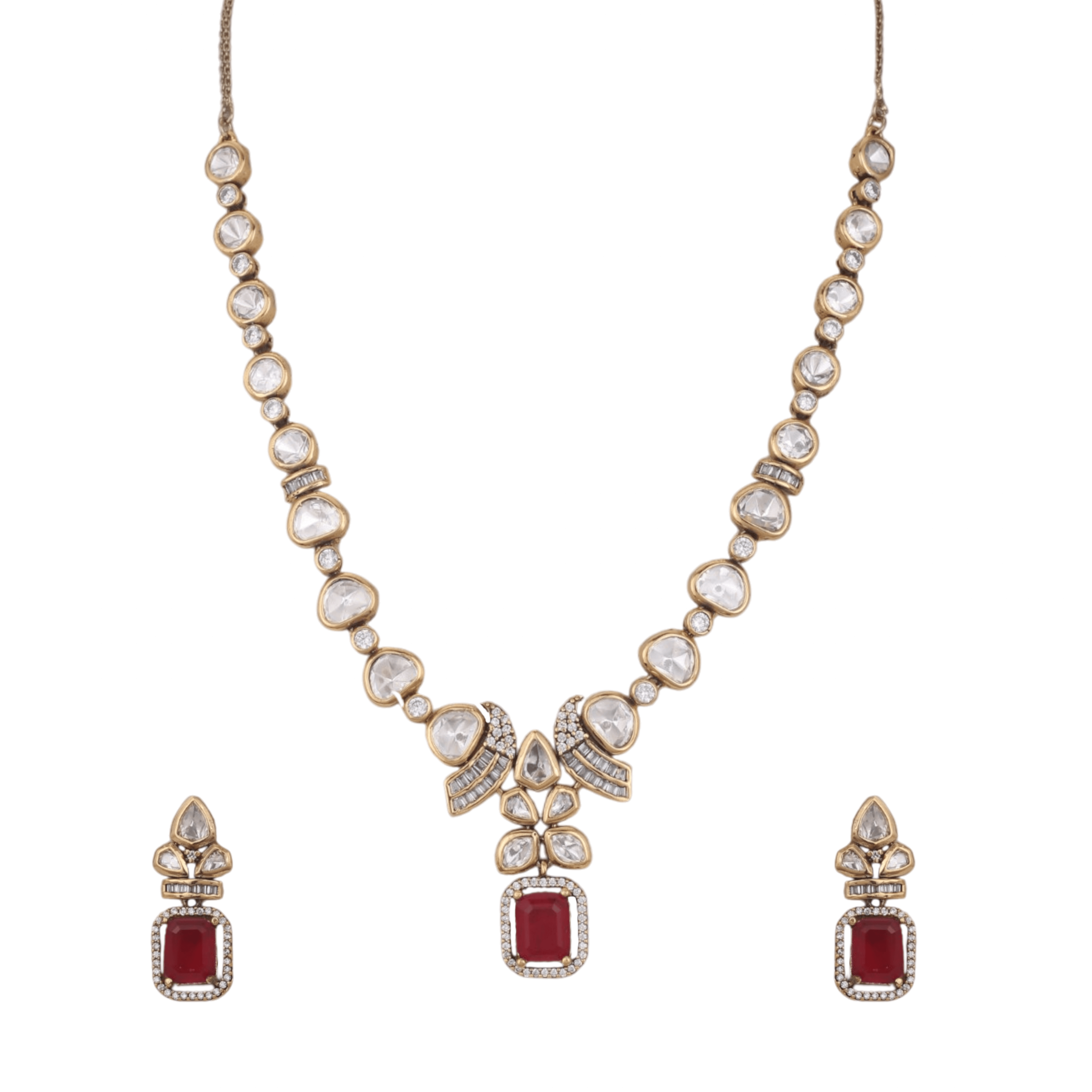Mataari Necklaces Floral Bridal Kundan Polki Baguette Moissanite Necklace with Ruby & Emerald