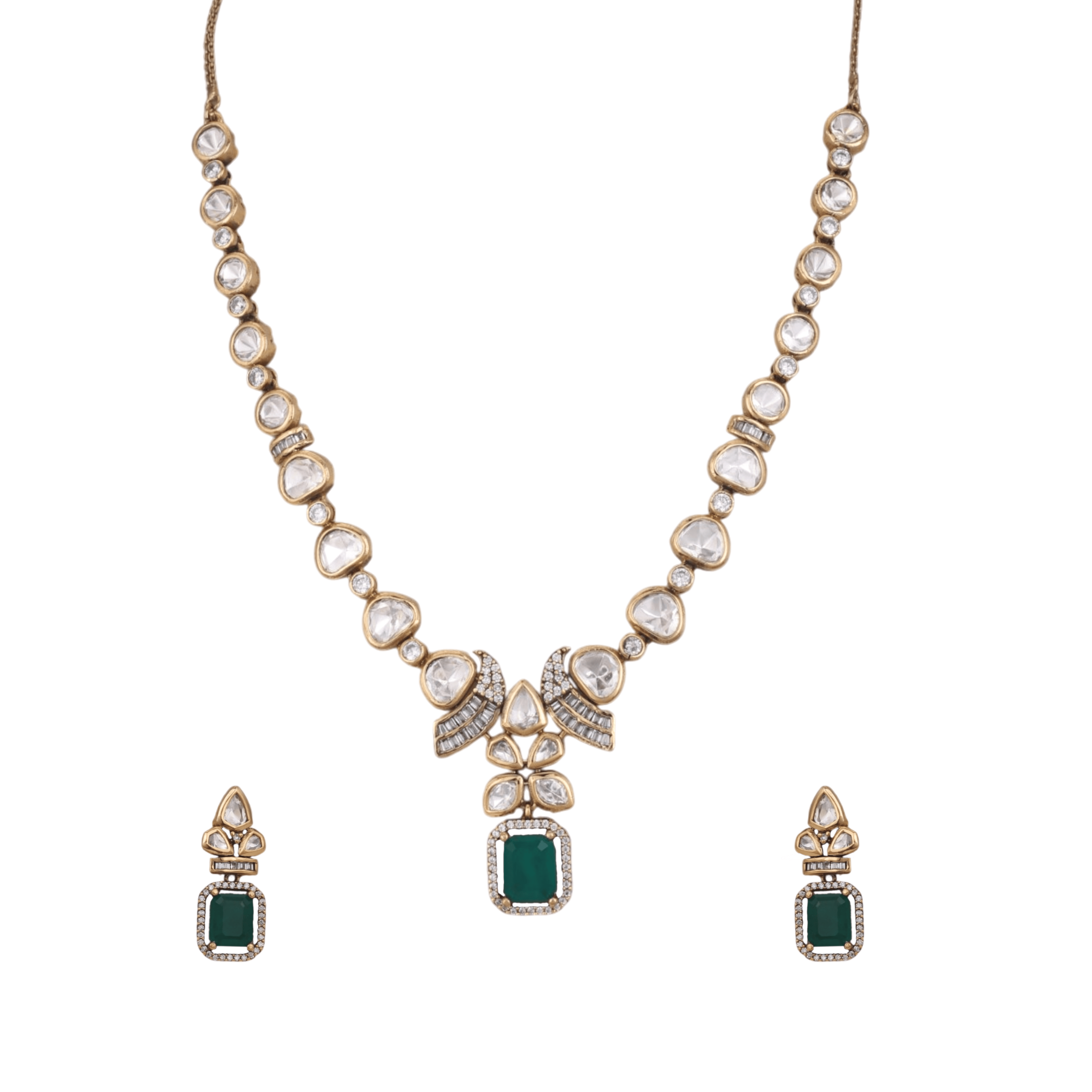 Mataari Necklaces Floral Bridal Kundan Polki Baguette Moissanite Necklace with Ruby & Emerald