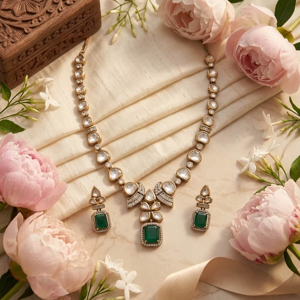 Mataari Necklaces Floral Bridal Kundan Polki Baguette Moissanite Necklace with Ruby & Emerald