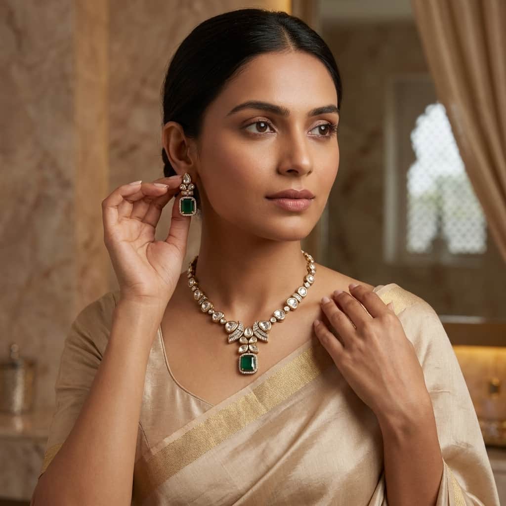 Mataari Necklaces Floral Bridal Kundan Polki Baguette Moissanite Necklace with Ruby & Emerald