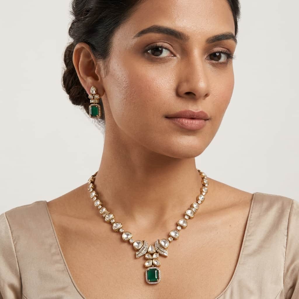 Mataari Necklaces Floral Bridal Kundan Polki Baguette Moissanite Necklace with Ruby & Emerald