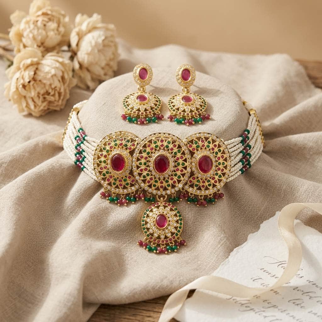 Mataari Necklaces Flower Gold Plated Pearl Choker Necklace with Ruby & Emerald Accents