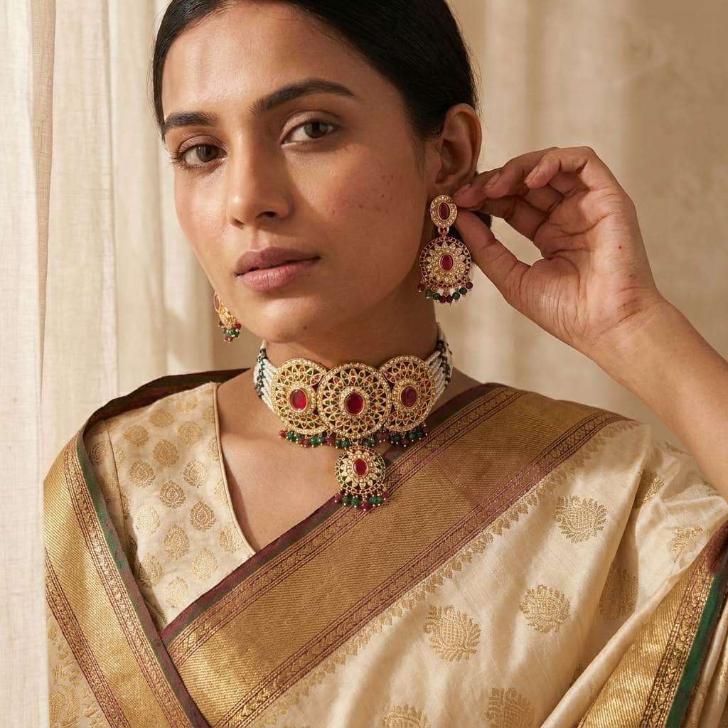 Mataari Necklaces Flower Gold Plated Pearl Choker Necklace with Ruby & Emerald Accents