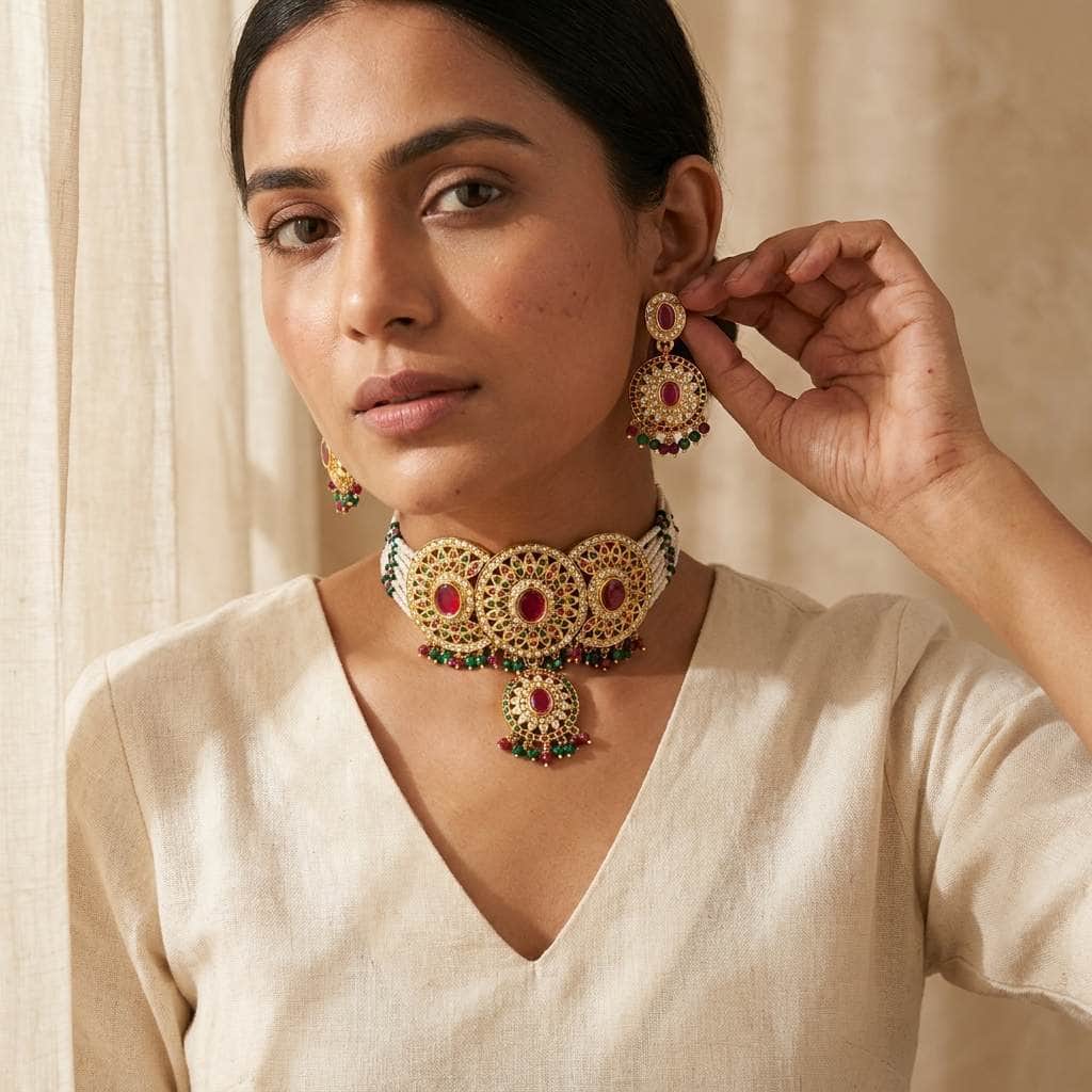 Mataari Necklaces Flower Gold Plated Pearl Choker Necklace with Ruby & Emerald Accents