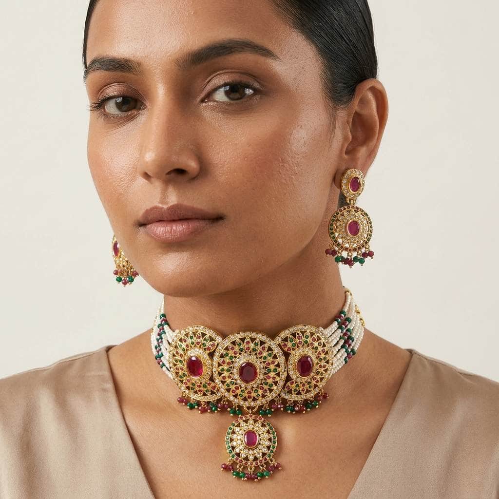Mataari Necklaces Flower Gold Plated Pearl Choker Necklace with Ruby & Emerald Accents