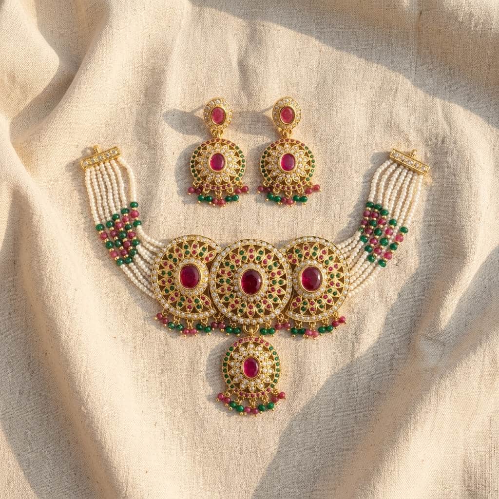 Mataari Necklaces Flower Gold Plated Pearl Choker Necklace with Ruby & Emerald Accents