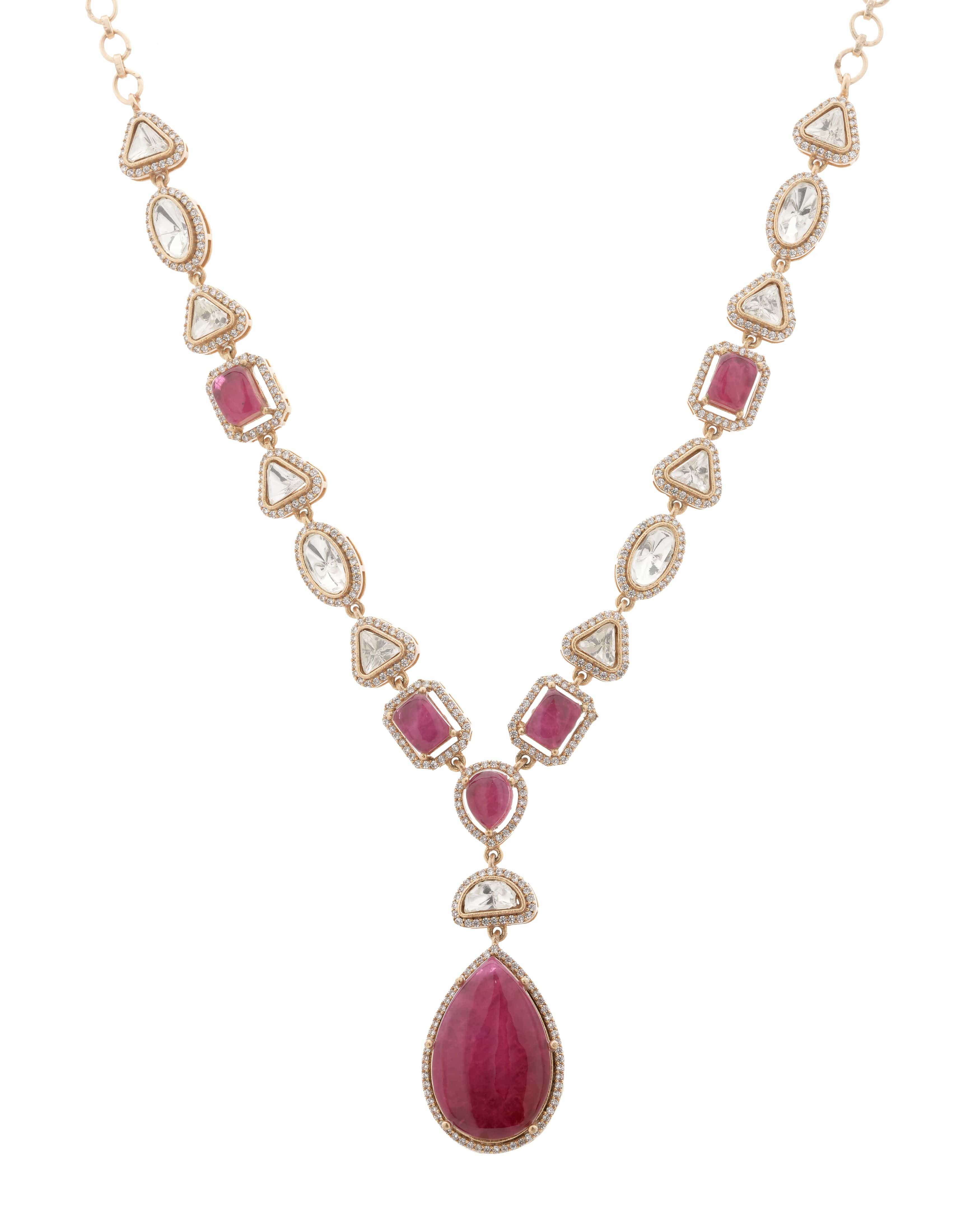Mataari Necklaces Fuchsia Fantasy Gold‑Tone Teardrop Necklace with Matching | Gold Tone | Indian Jewelry | Mataari