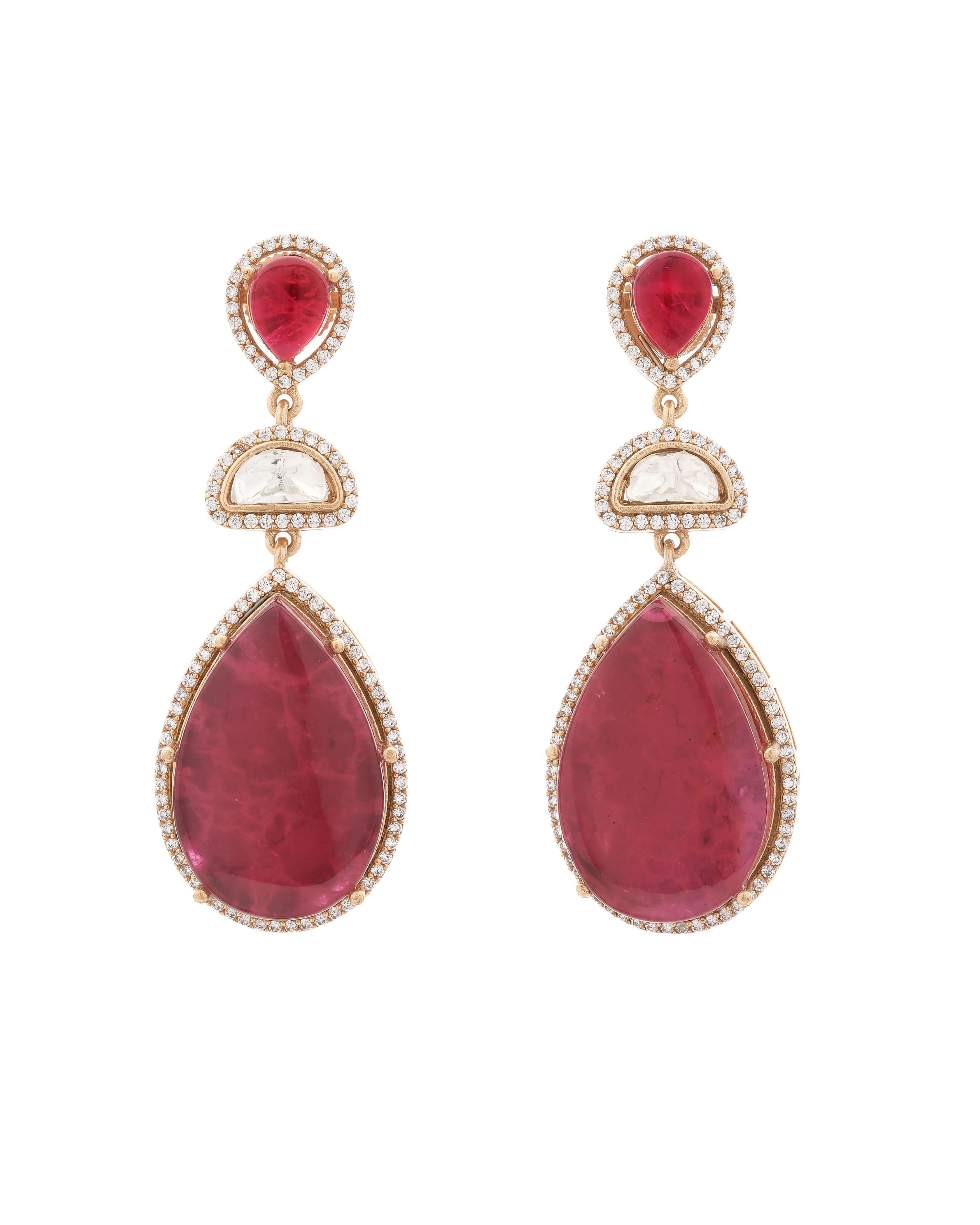 Mataari Necklaces Fuchsia Fantasy Gold‑Tone Teardrop Necklace with Matching | Gold Tone | Indian Jewelry | Mataari