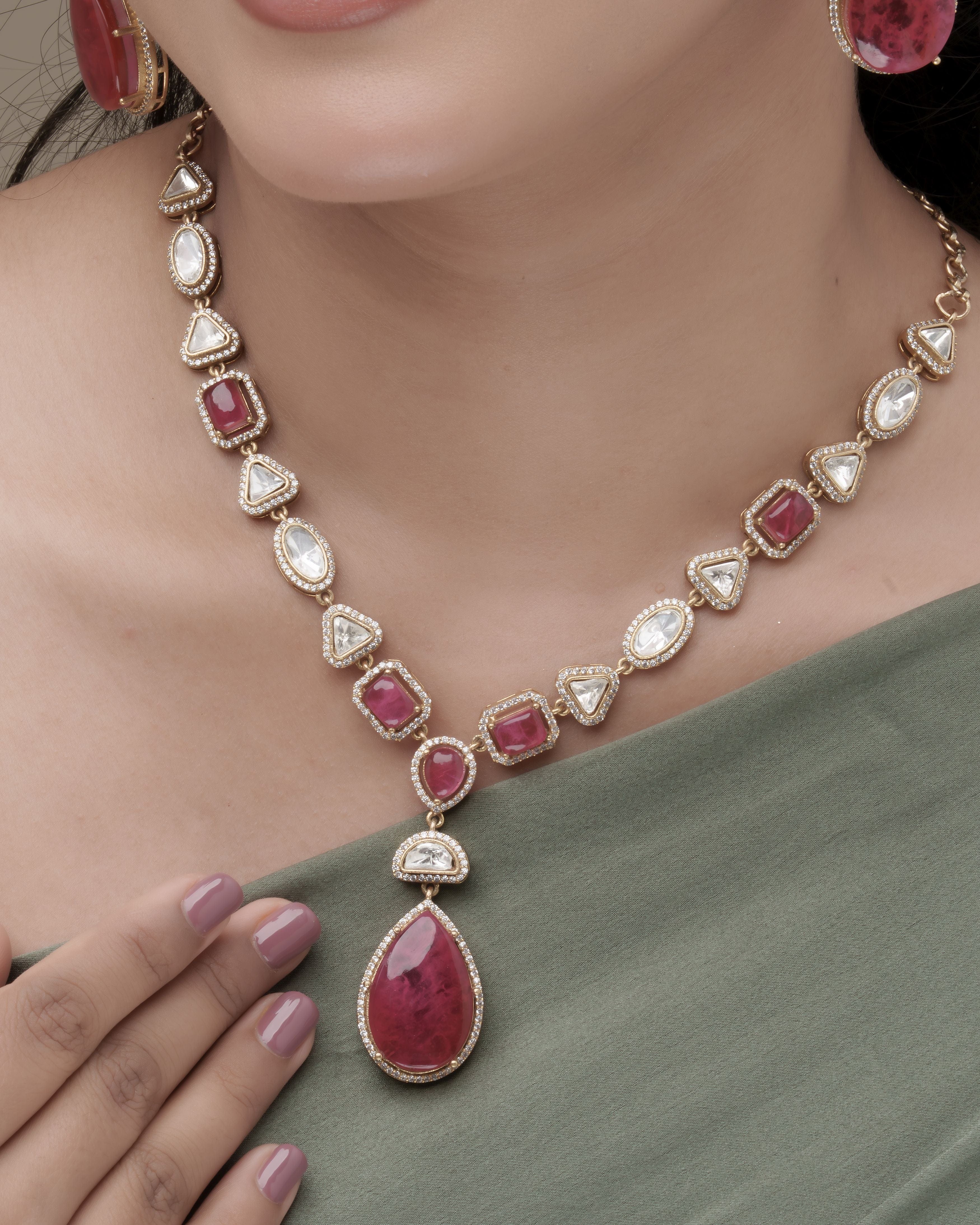 Mataari Necklaces Fuchsia Fantasy Gold‑Tone Teardrop Necklace with Matching | Gold Tone | Indian Jewelry | Mataari