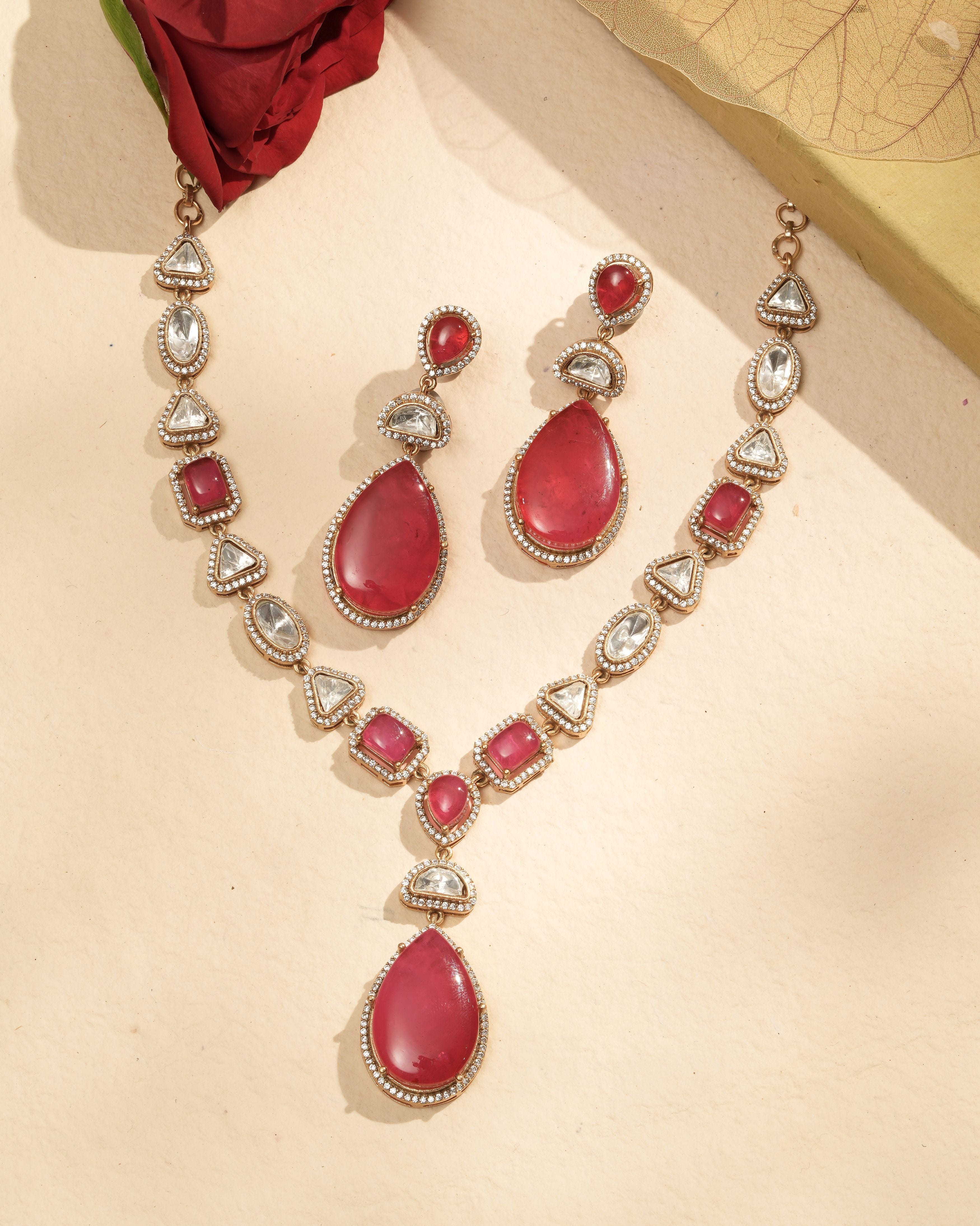 Mataari Necklaces Fuchsia Fantasy Gold‑Tone Teardrop Necklace with Matching | Gold Tone | Indian Jewelry | Mataari