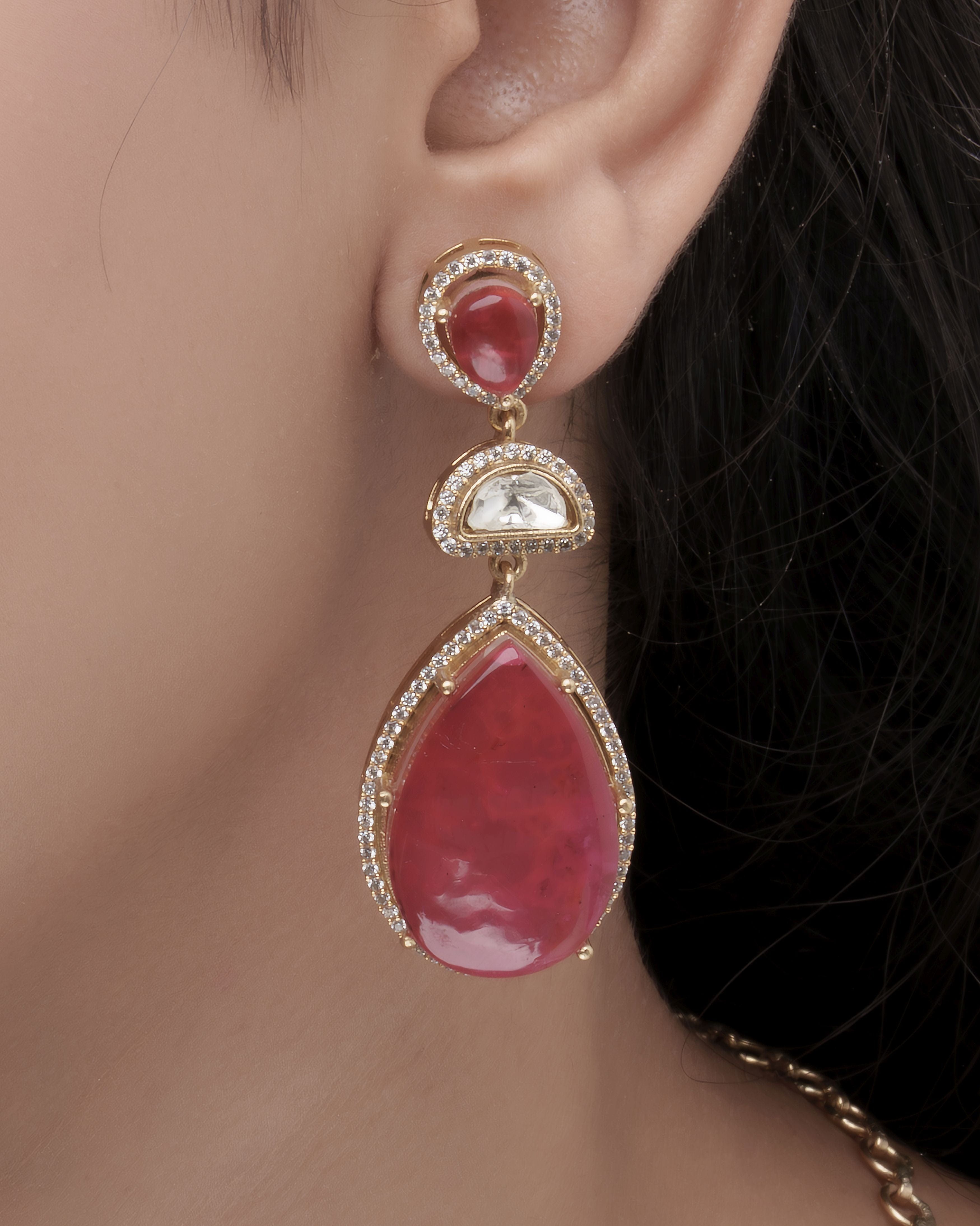 Mataari Necklaces Fuchsia Fantasy Gold‑Tone Teardrop Necklace with Matching | Gold Tone | Indian Jewelry | Mataari