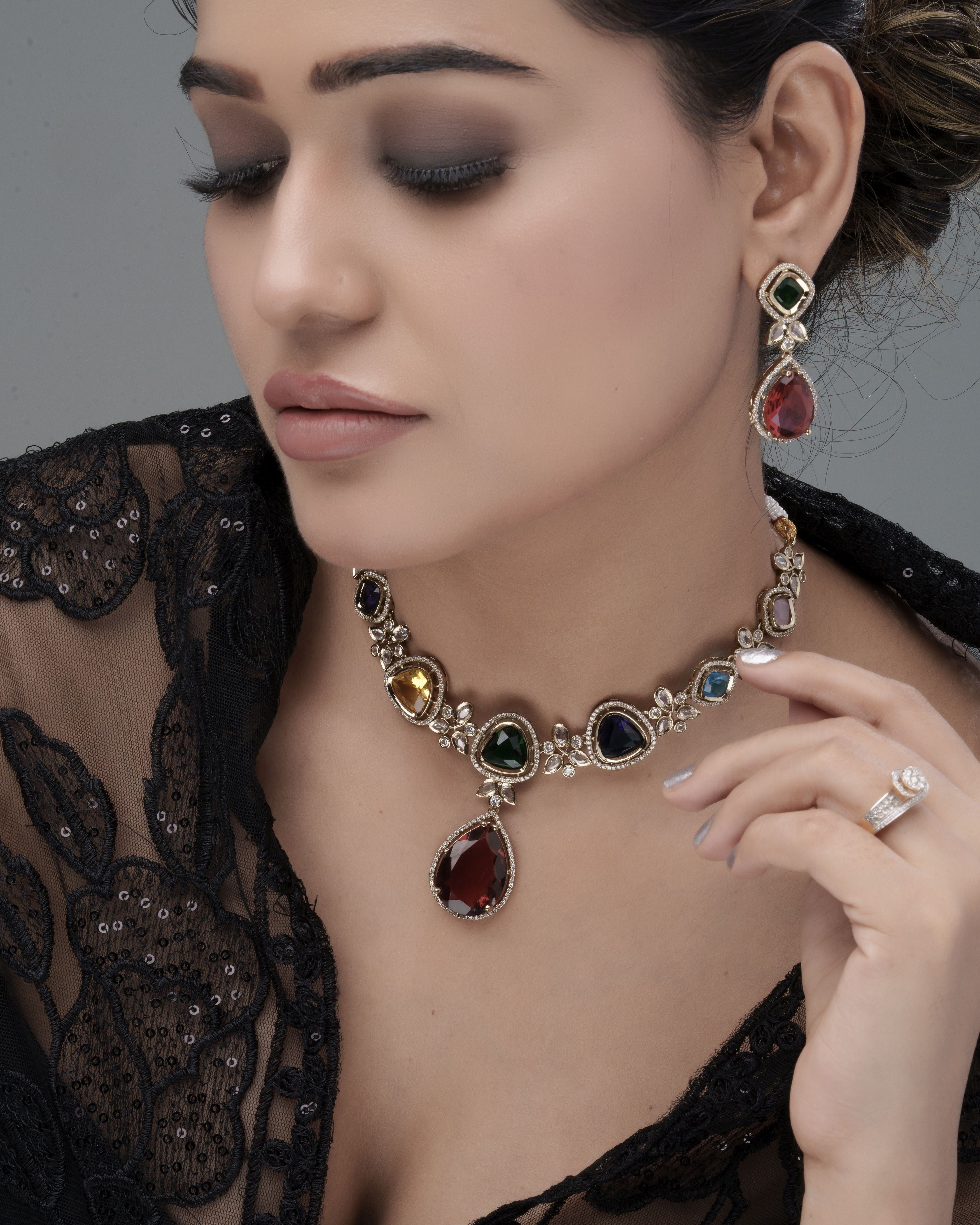 Mataari Necklaces Gemstone Glow Multicolor Necklace & Earrings Set | CZ | Indian Jewelry | Mataari