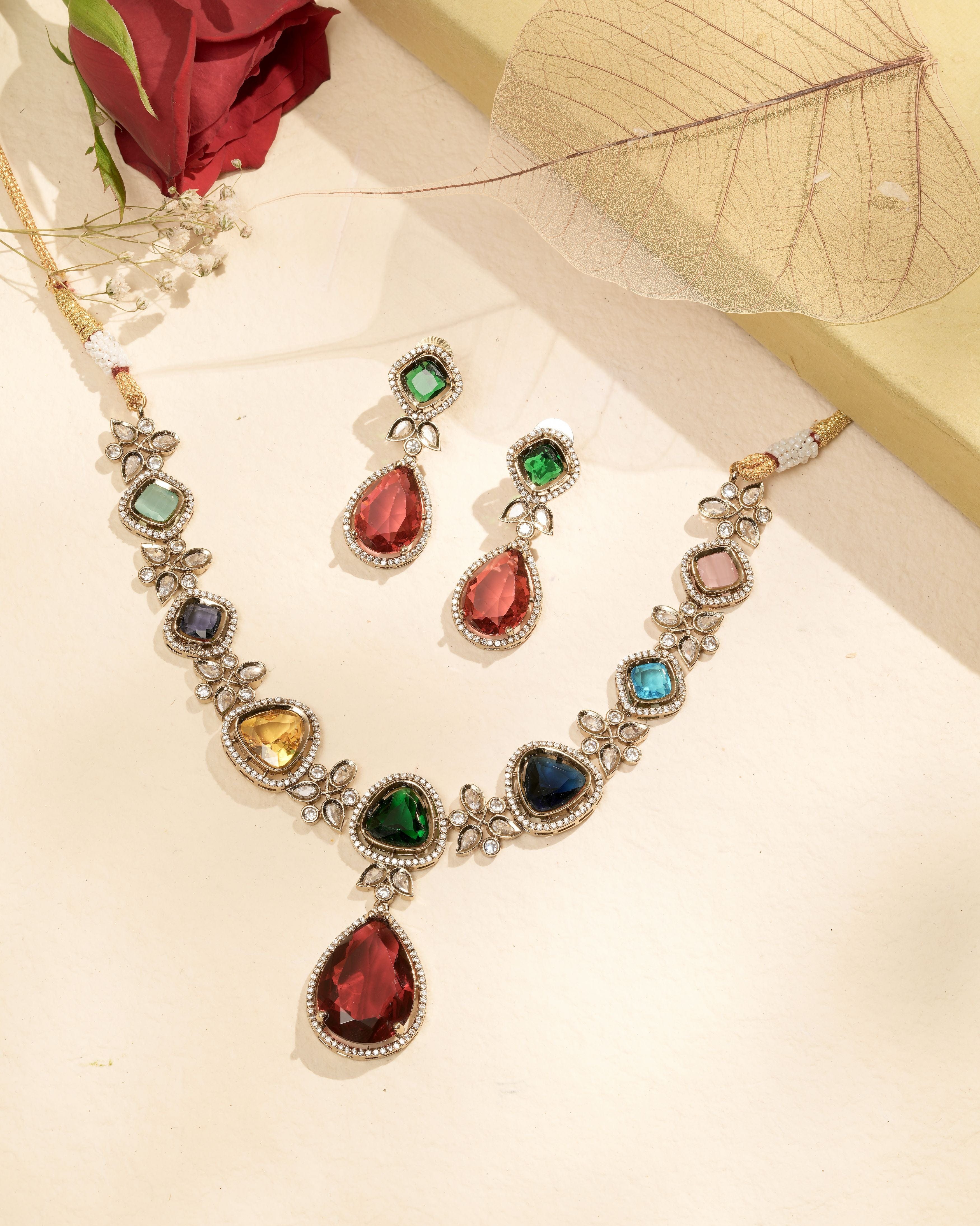 Mataari Necklaces Gemstone Glow Multicolor Necklace & Earrings Set | CZ | Indian Jewelry | Mataari