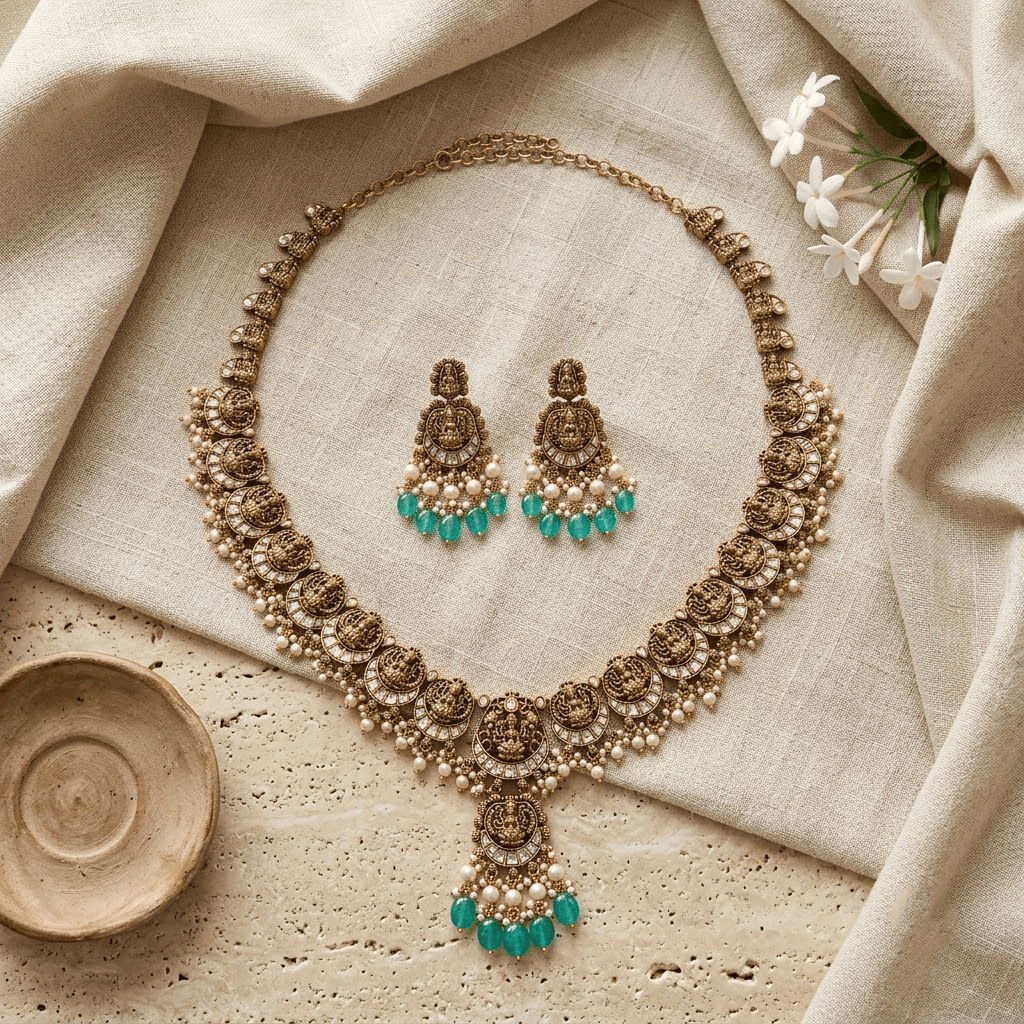 Mataari Necklaces Goddess Lakshmi Antique Gold Kundan Polki Pearl Beaded Necklace