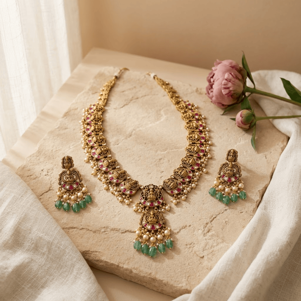 Mataari Necklaces Goddess Lakshmi Antique Gold Kundan Polki Pearl Beaded Necklace