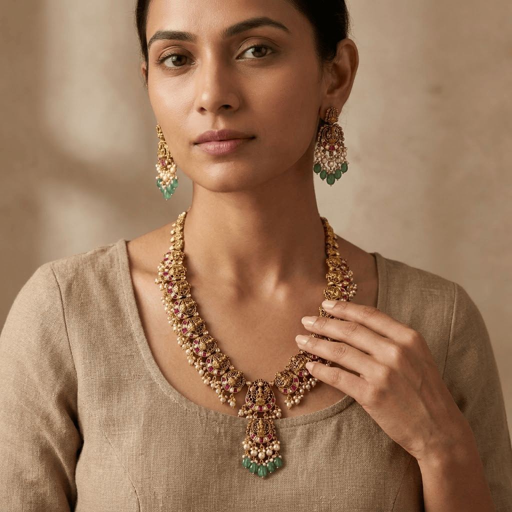 Mataari Necklaces Goddess Lakshmi Antique Gold Kundan Polki Pearl Beaded Necklace
