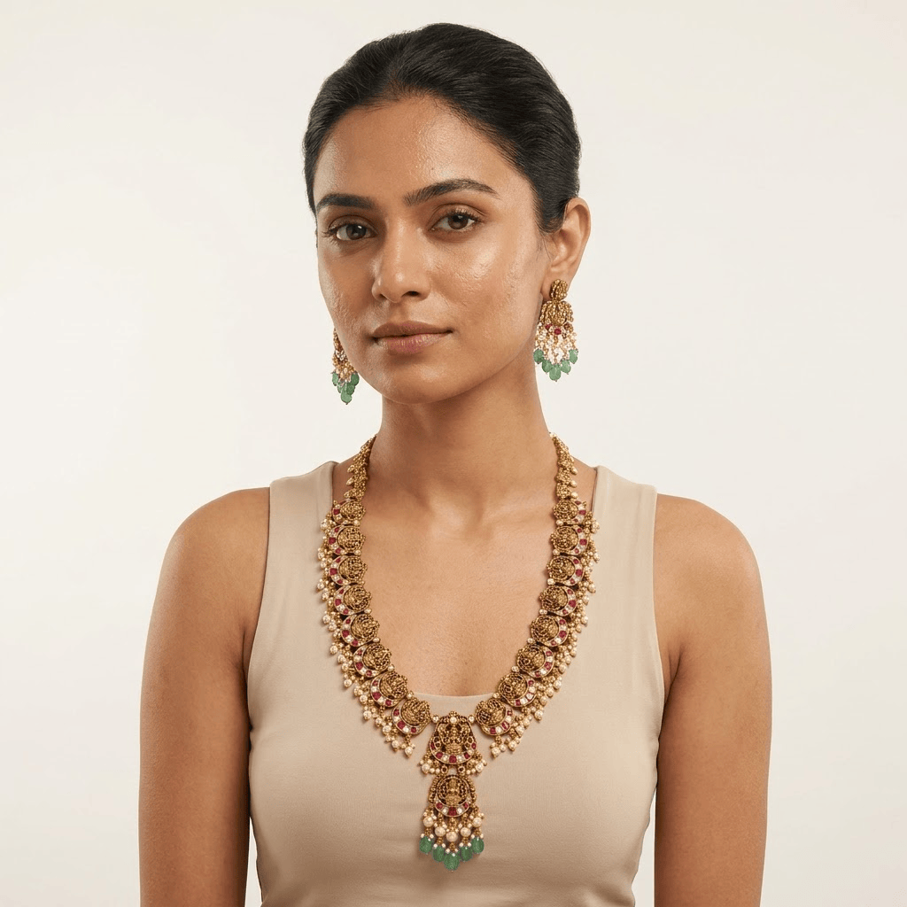 Mataari Necklaces Goddess Lakshmi Antique Gold Kundan Polki Pearl Beaded Necklace