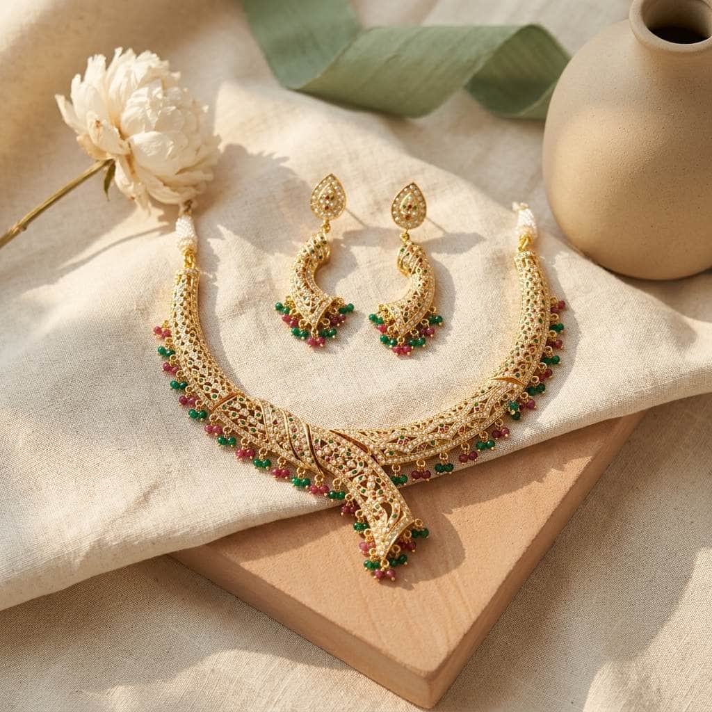 Mataari Necklaces Gold Plated Collar Crystal Cubic Zirconia Beaded Bridal Necklace with Ruby & Emerald Accents