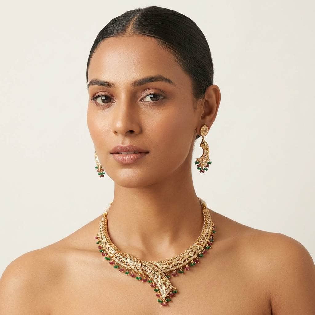 Mataari Necklaces Gold Plated Collar Crystal Cubic Zirconia Beaded Bridal Necklace with Ruby & Emerald Accents