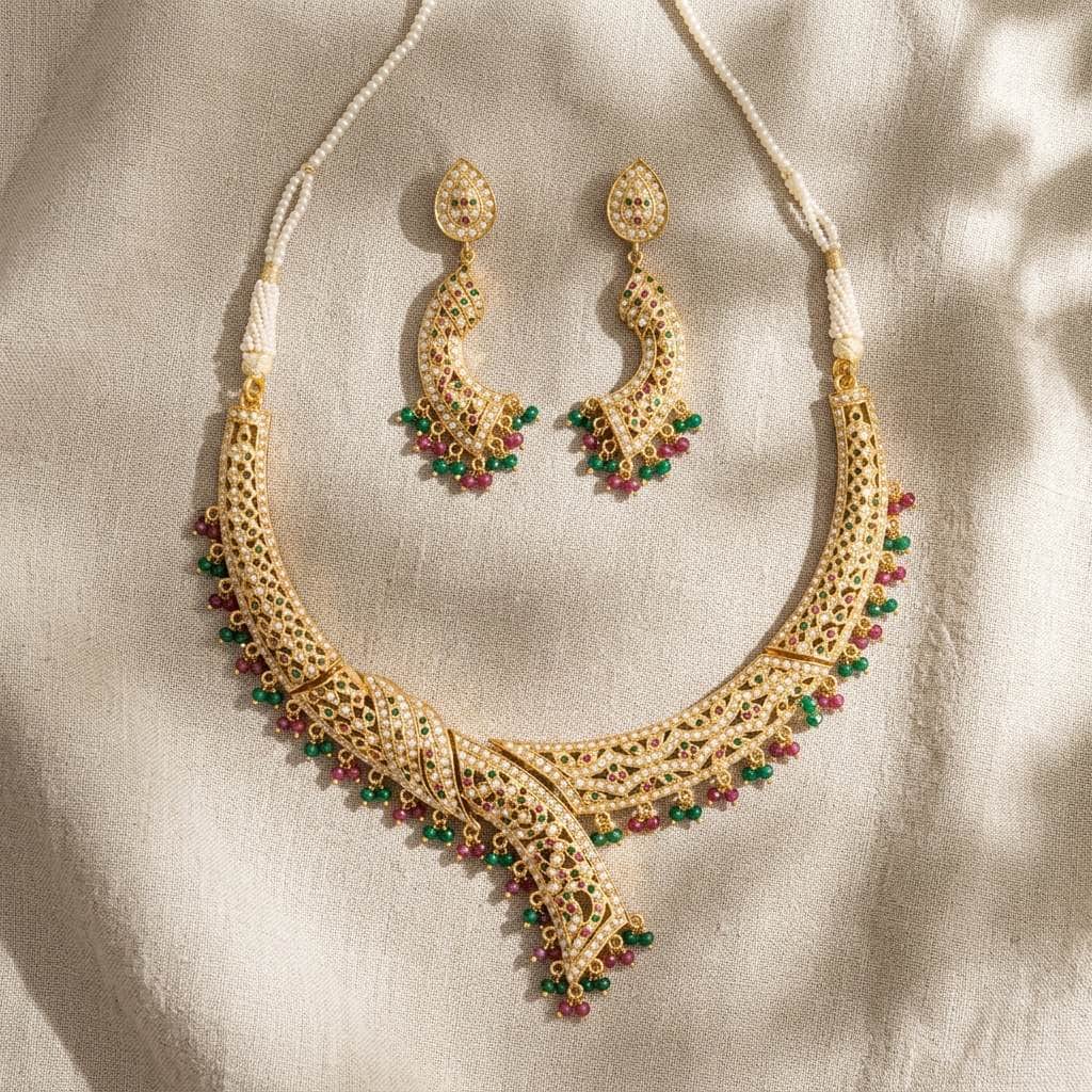 Mataari Necklaces Gold Plated Collar Crystal Cubic Zirconia Beaded Bridal Necklace with Ruby & Emerald Accents