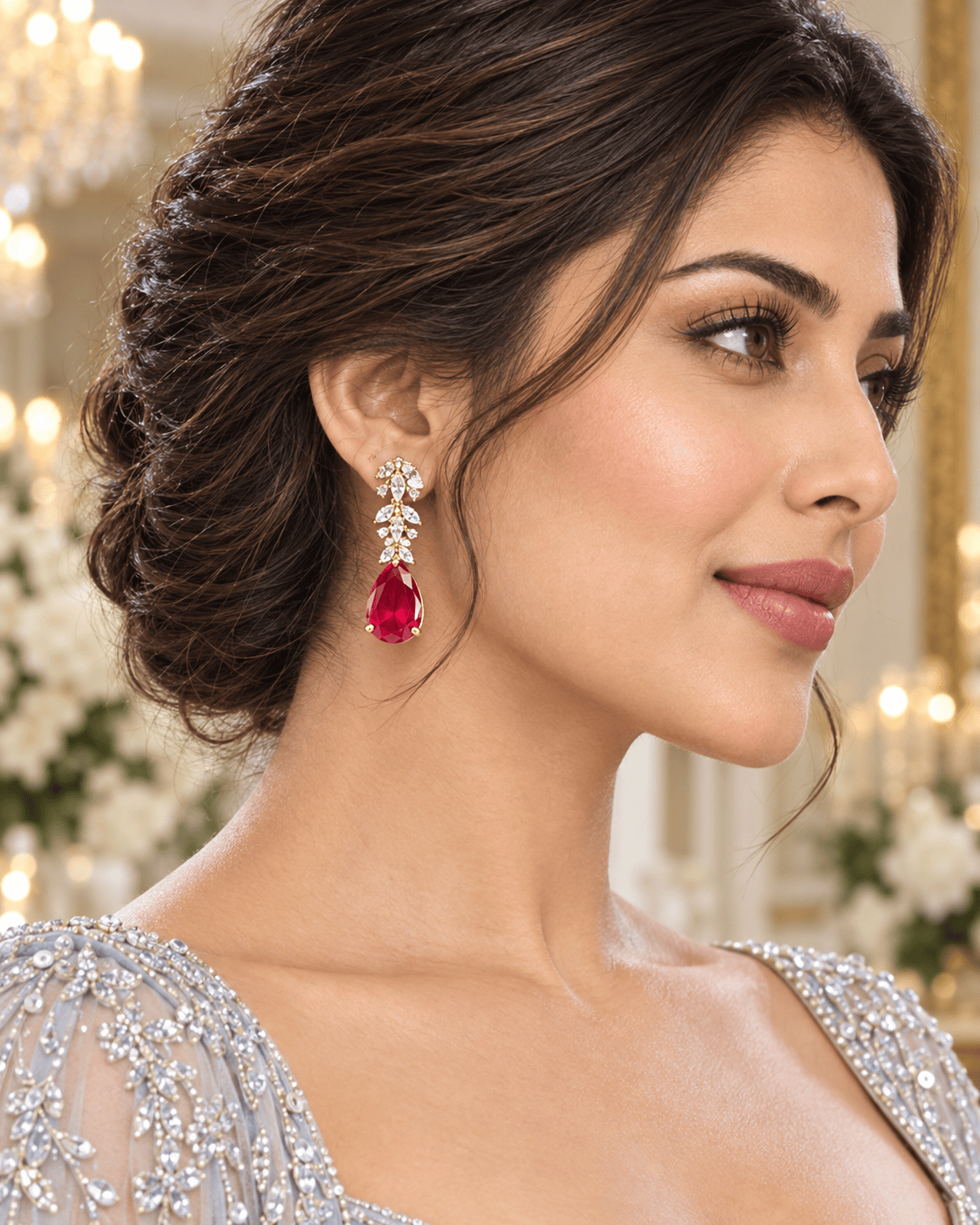 Mataari Necklaces Gold Plated Crystal Cubic Zirconia Bridal Necklace with Ruby & Rose Quartz Accents