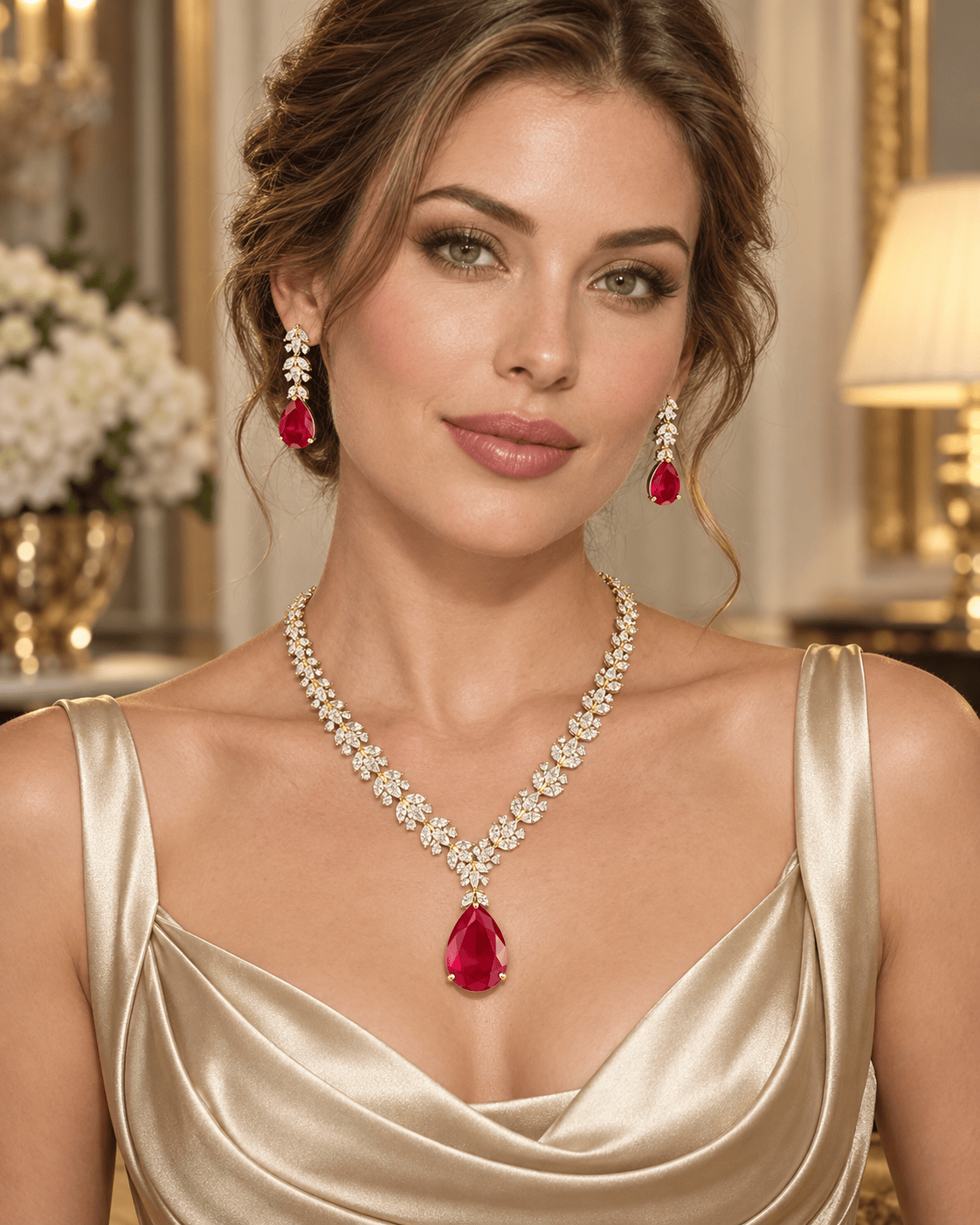 Mataari Necklaces Gold Plated Crystal Cubic Zirconia Bridal Necklace with Ruby & Rose Quartz Accents