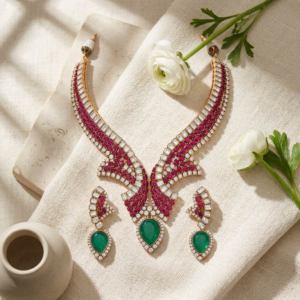 Mataari Necklaces Gold Plated Ruby Collar Cubic Zirconia Teardrop Bridal Necklace