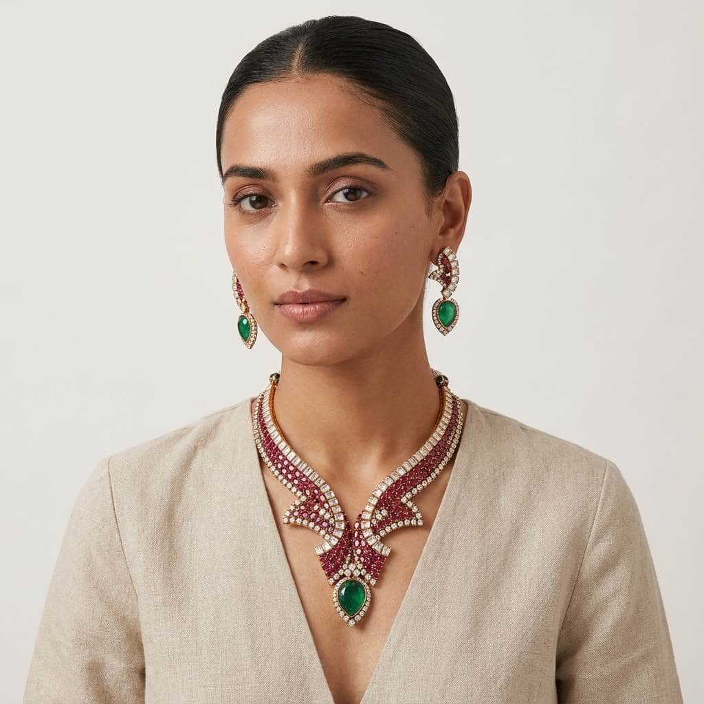 Mataari Necklaces Gold Plated Ruby Collar Cubic Zirconia Teardrop Bridal Necklace