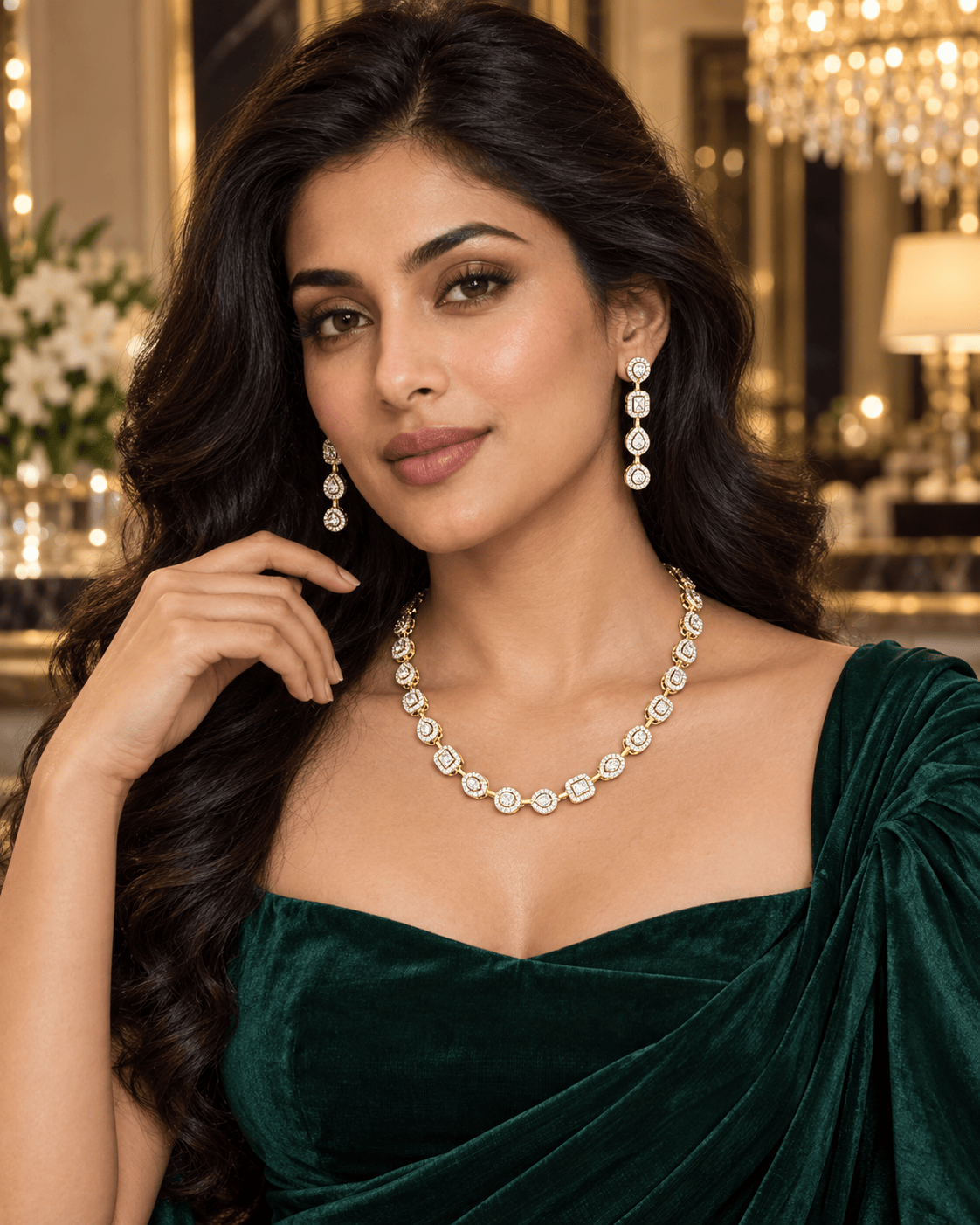Mataari Necklaces Gold Plated Single Line Crystal Cubic Zirconia Necklace for Wedding