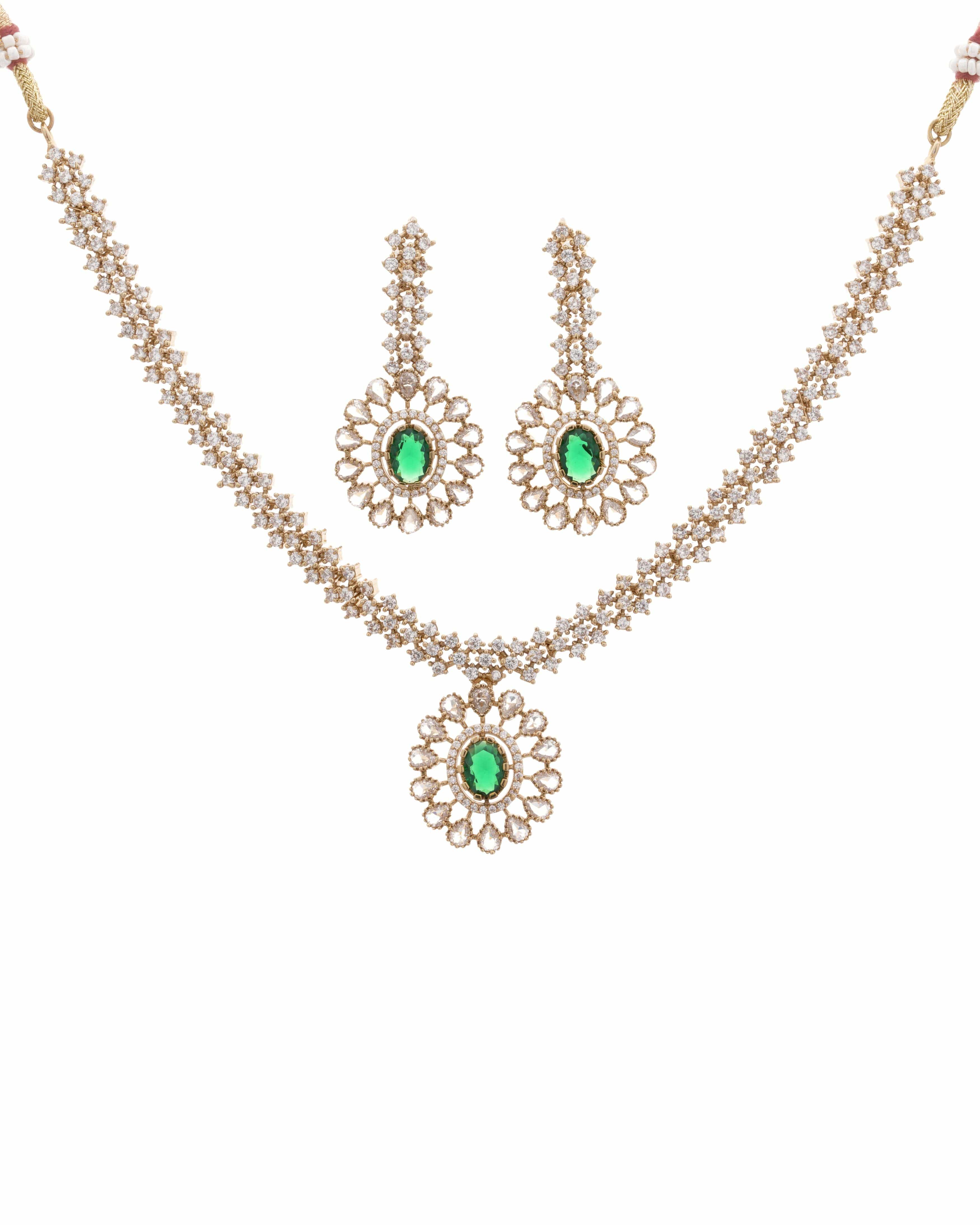 Mataari Necklaces Antique Glimmer Single Drop CZ Necklace & Earrings Set | Pink, Crystal & Green | 18K Gold Tone | Oxidized Indian Jewelry