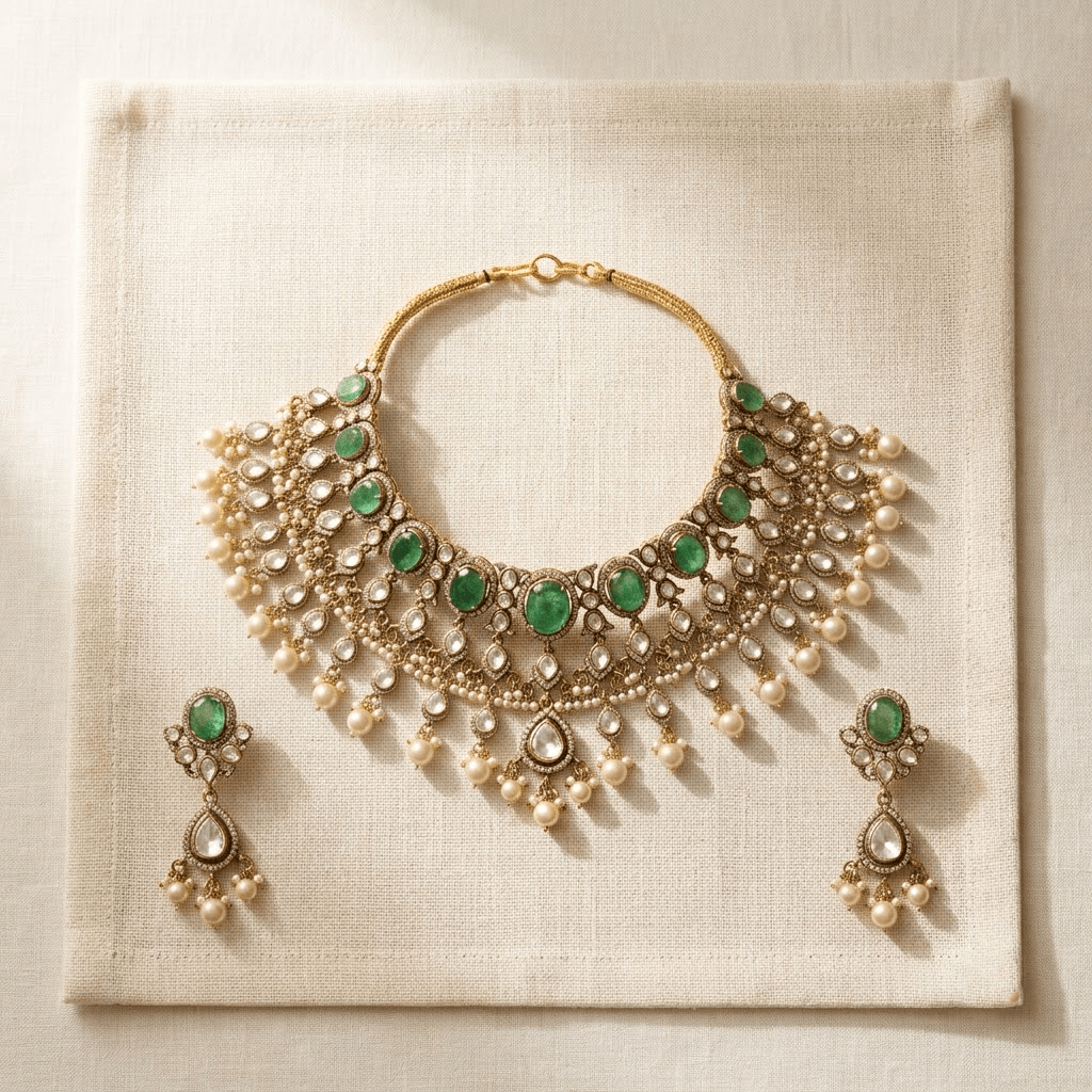 Mataari Necklaces Antique Gold Mint Kundan Polki Teardrop Pearl Beaded Necklace