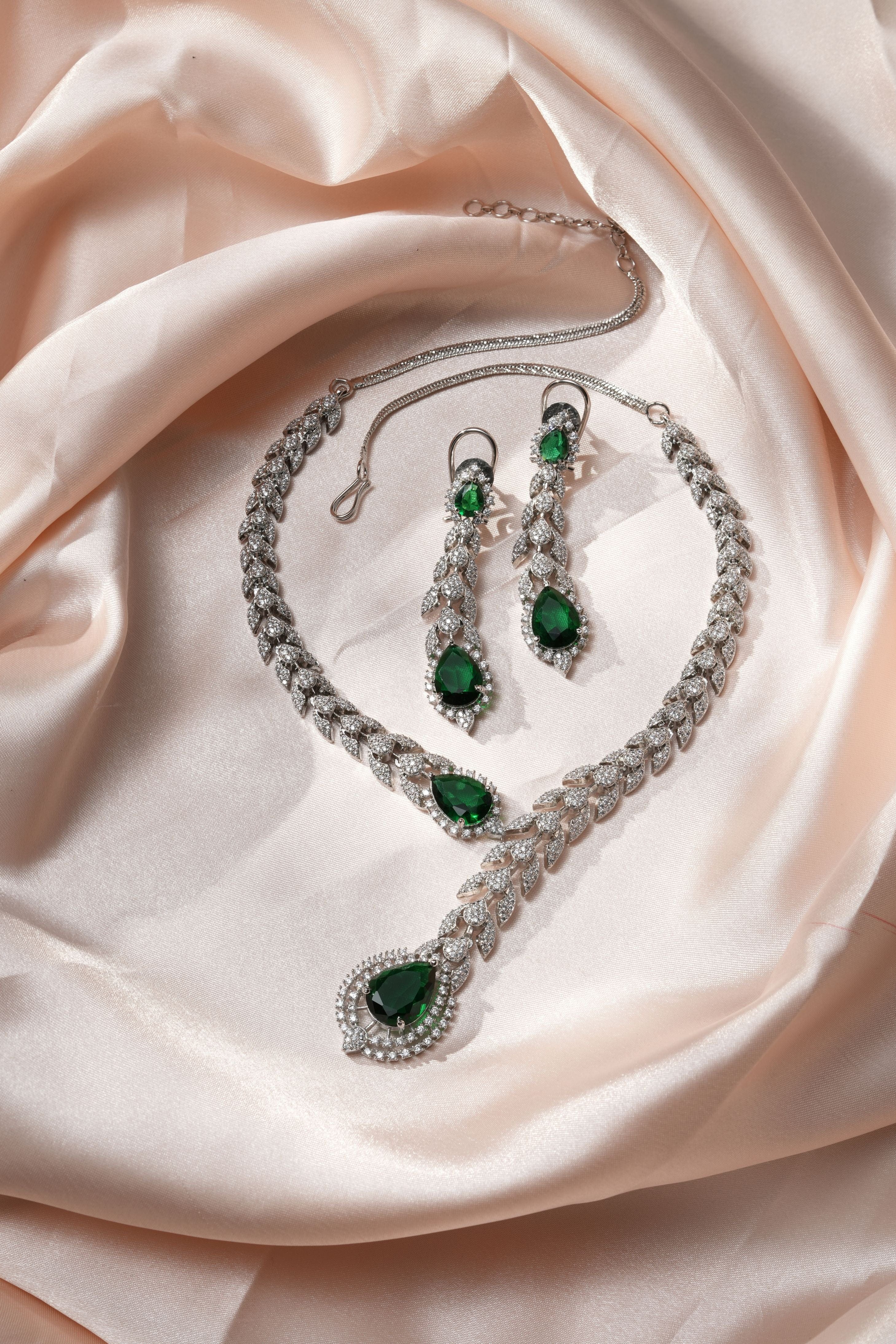 Mataari Necklaces Azure Whisper CZ Teardrop snake shape Necklace | Rhodium | Indian Jewelry | Mataari