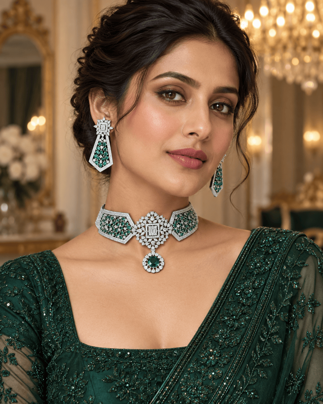 Mataari Necklaces Crystal Cubic Zirconia Silver Plated Bridal Choker Necklace
