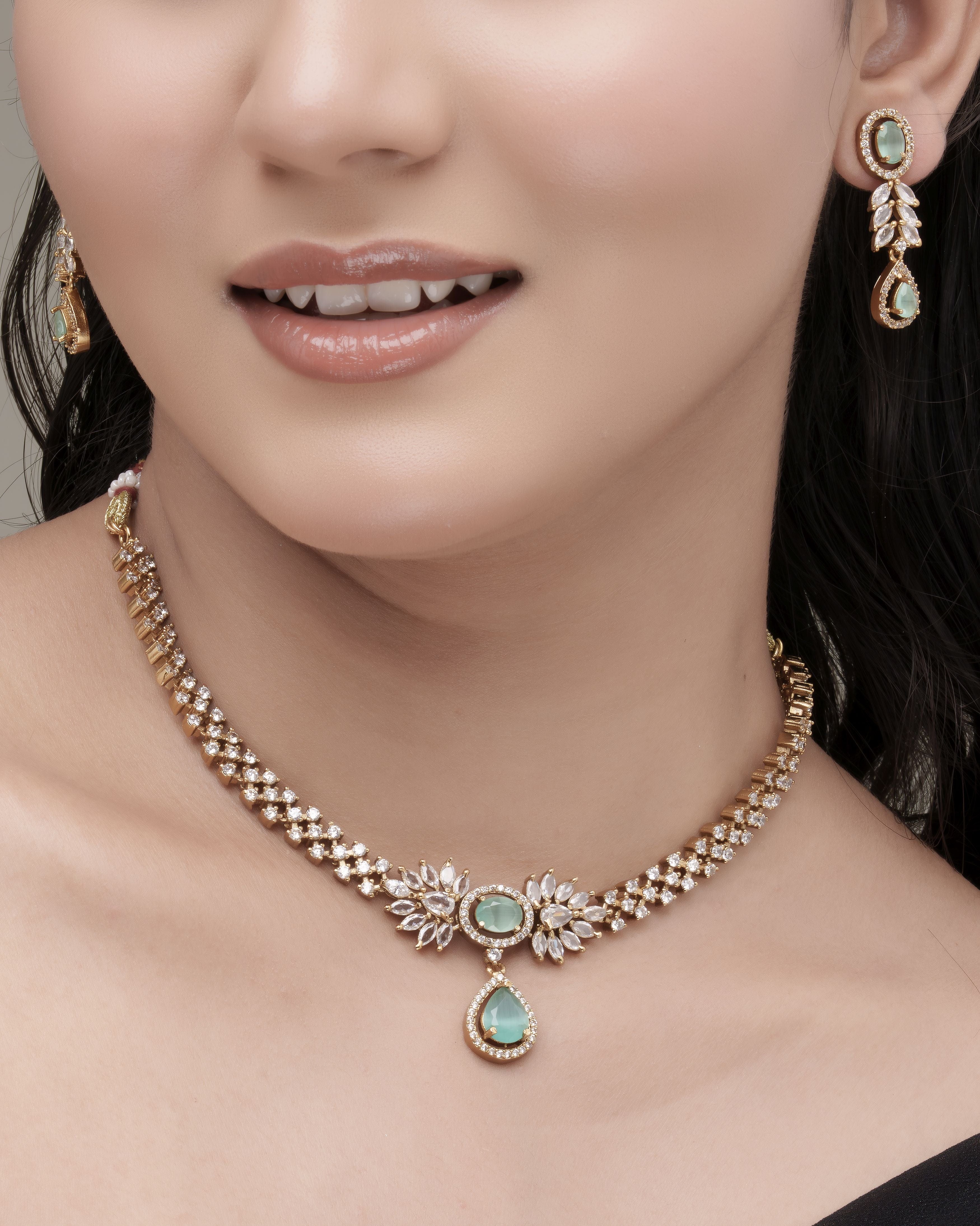 Mataari Necklaces Emerald Dew Adjustable CZ Necklace & Earrings Set | Multi-Color: Green, Red, Pink & Blue | 22K Gold Tone | Indian Bridal Jewelry