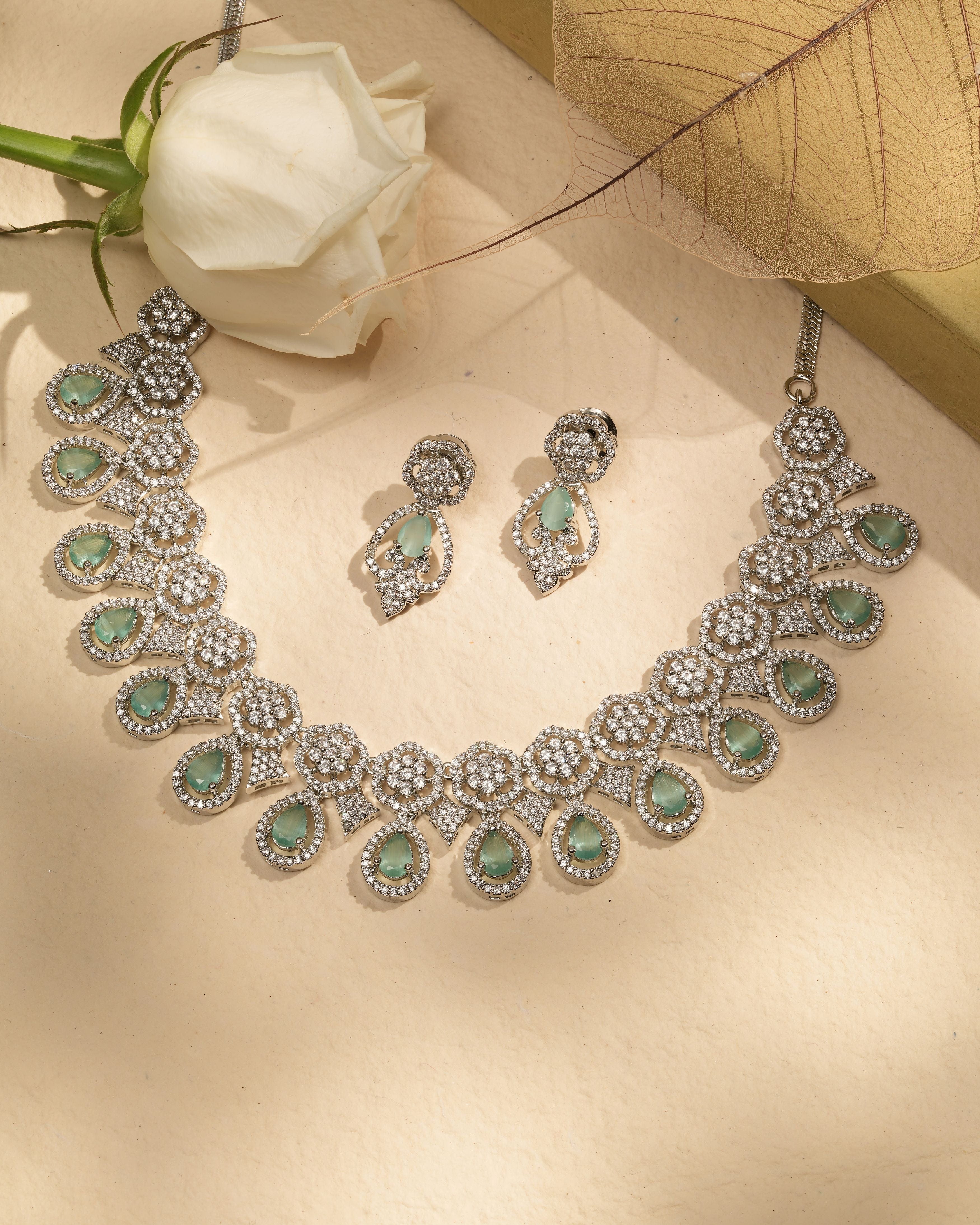 Mataari Necklaces Emerald Envy American Diamond Choker & Earring | Rhodium | Indian Jewelry | Mataari